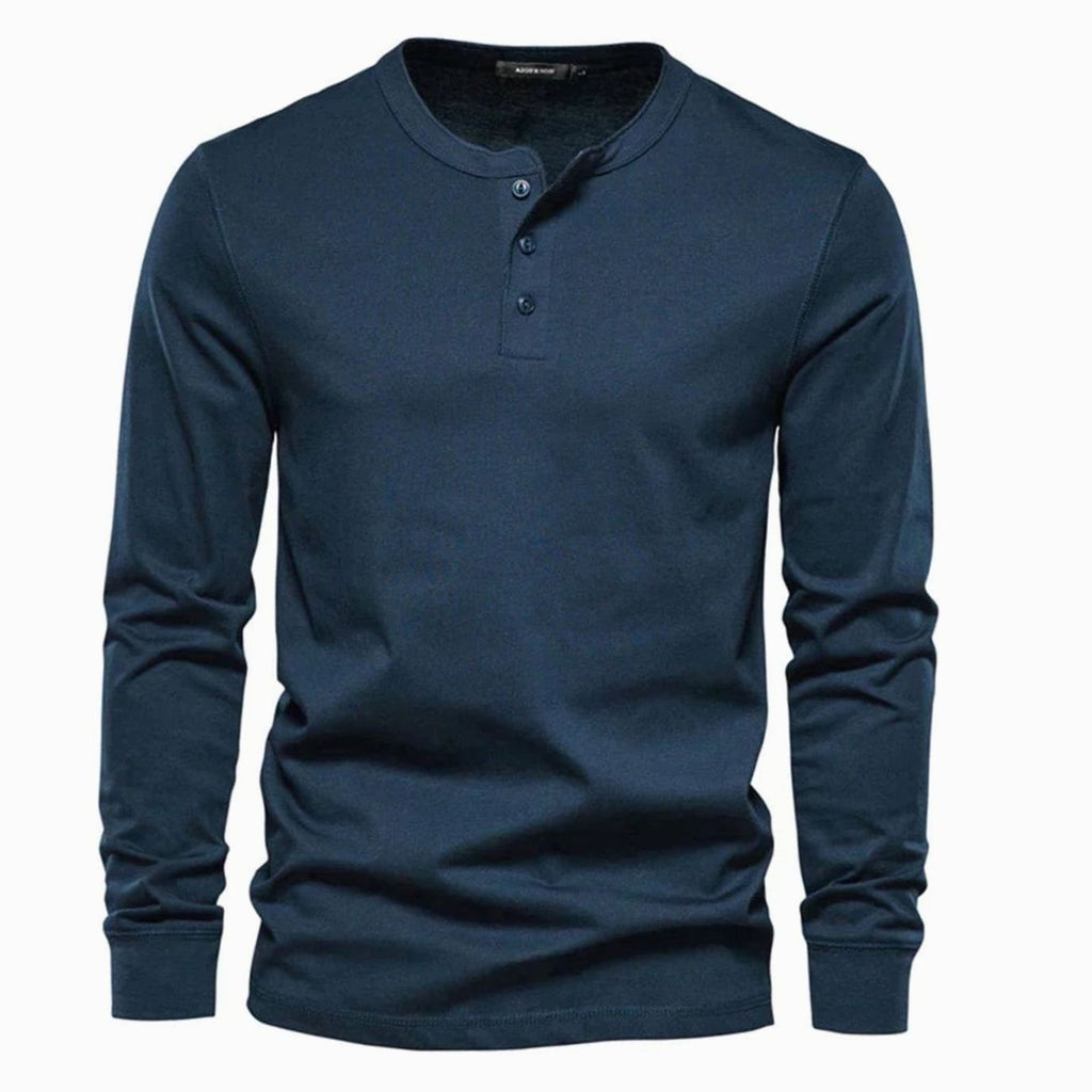 Men's Long Sleeve Henley Shirt with Three-Button Placket - Navy Blue