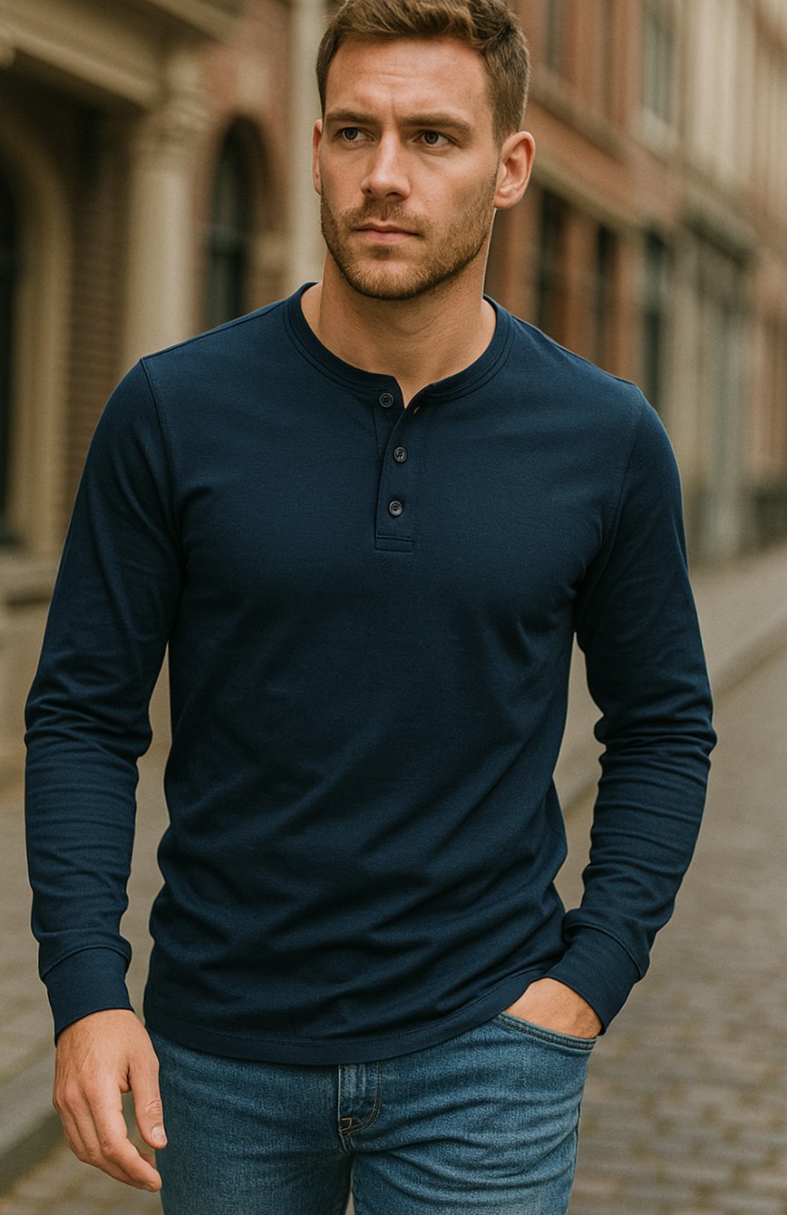 Men's Long Sleeve Henley Shirt with Three-Button Placket