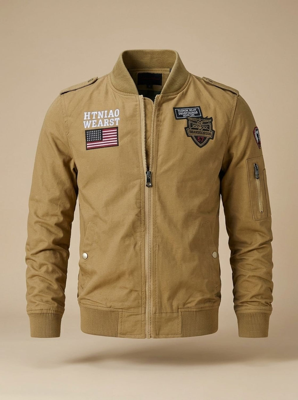 Men's Military Patch Zip-Up Bomber Jacket