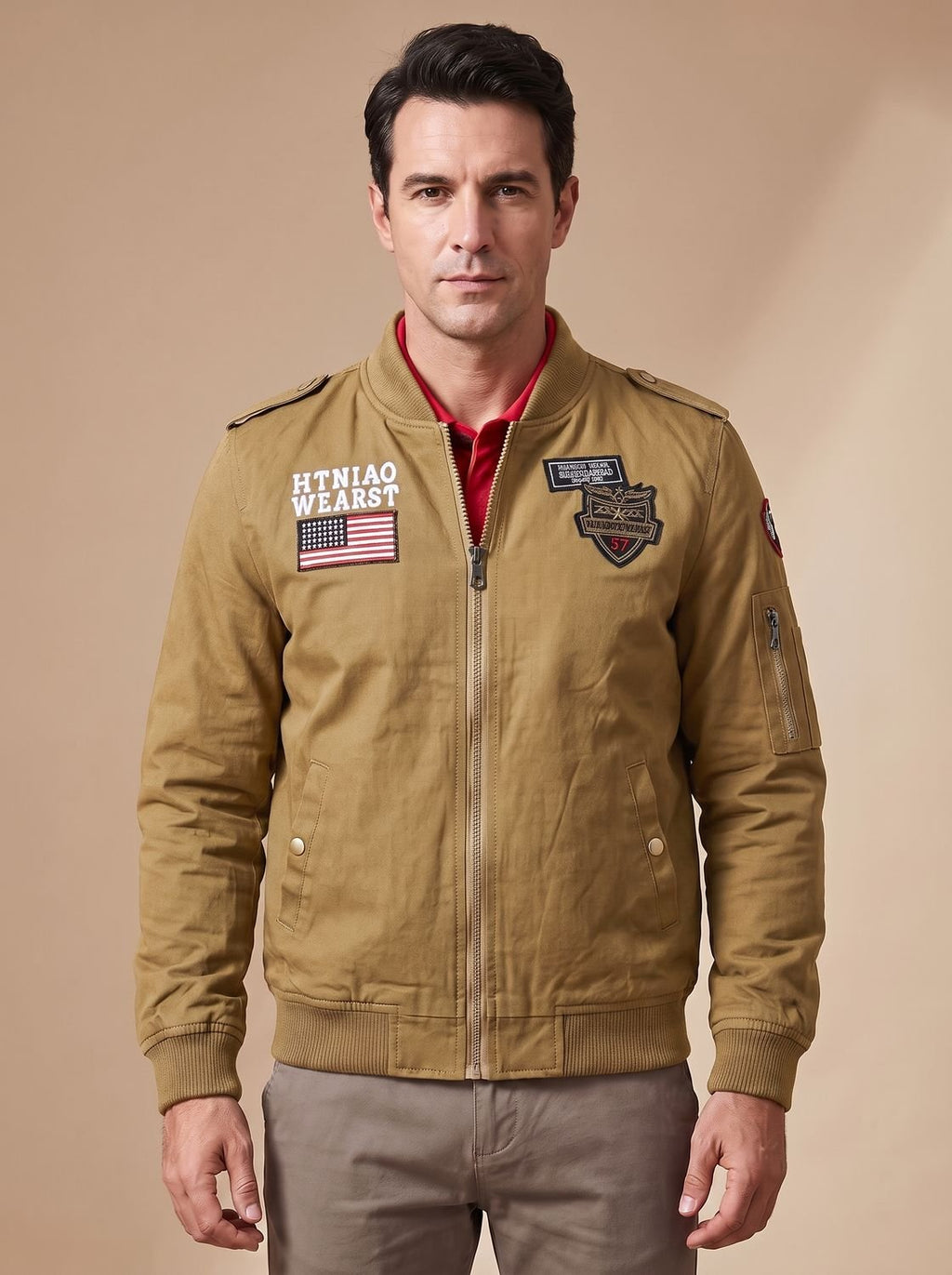 Men's Military Patch Zip-Up Bomber Jacket - Dark Khaki