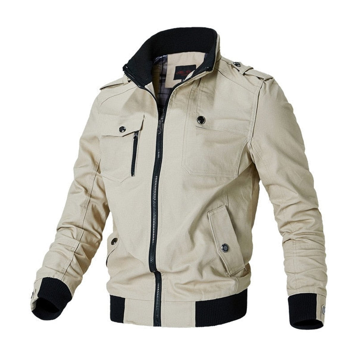 Men's Military-Style Zip-Up Bomber Jacket - Khaki
