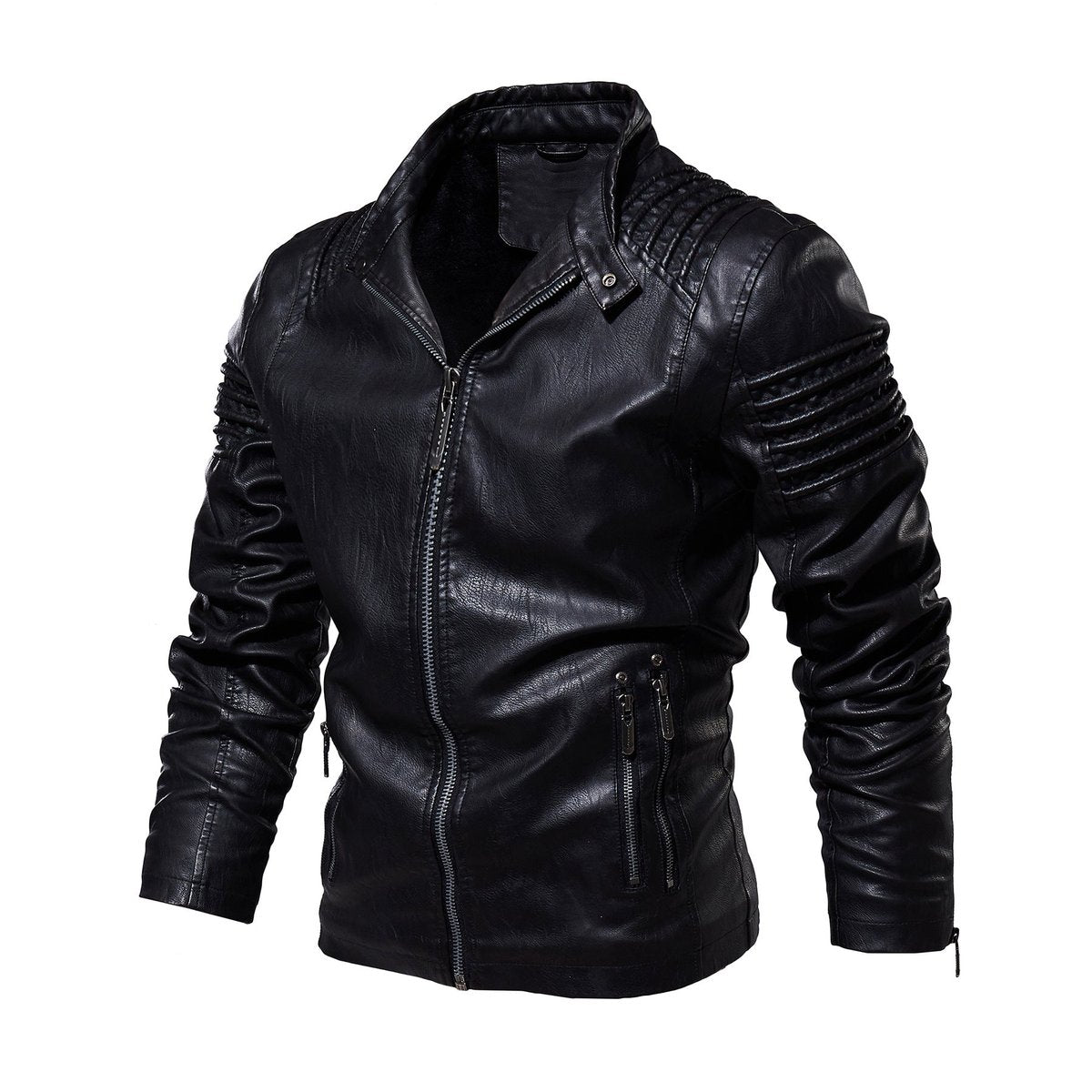 Men's Fleece-Lined Faux Leather Moto Jacket