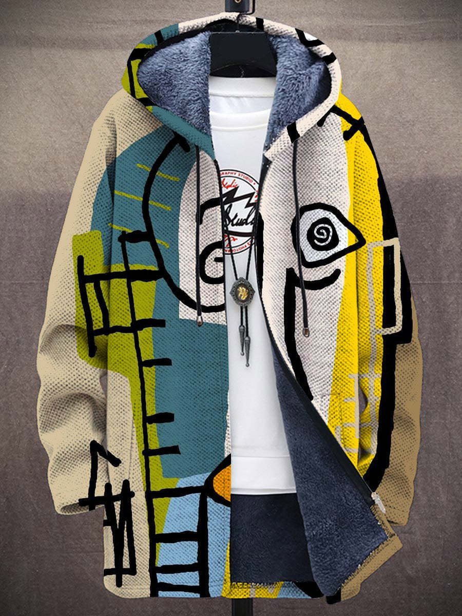 Men's Oversized Art-Print Fleece-Lined Zip-Up Hooded Cardigan