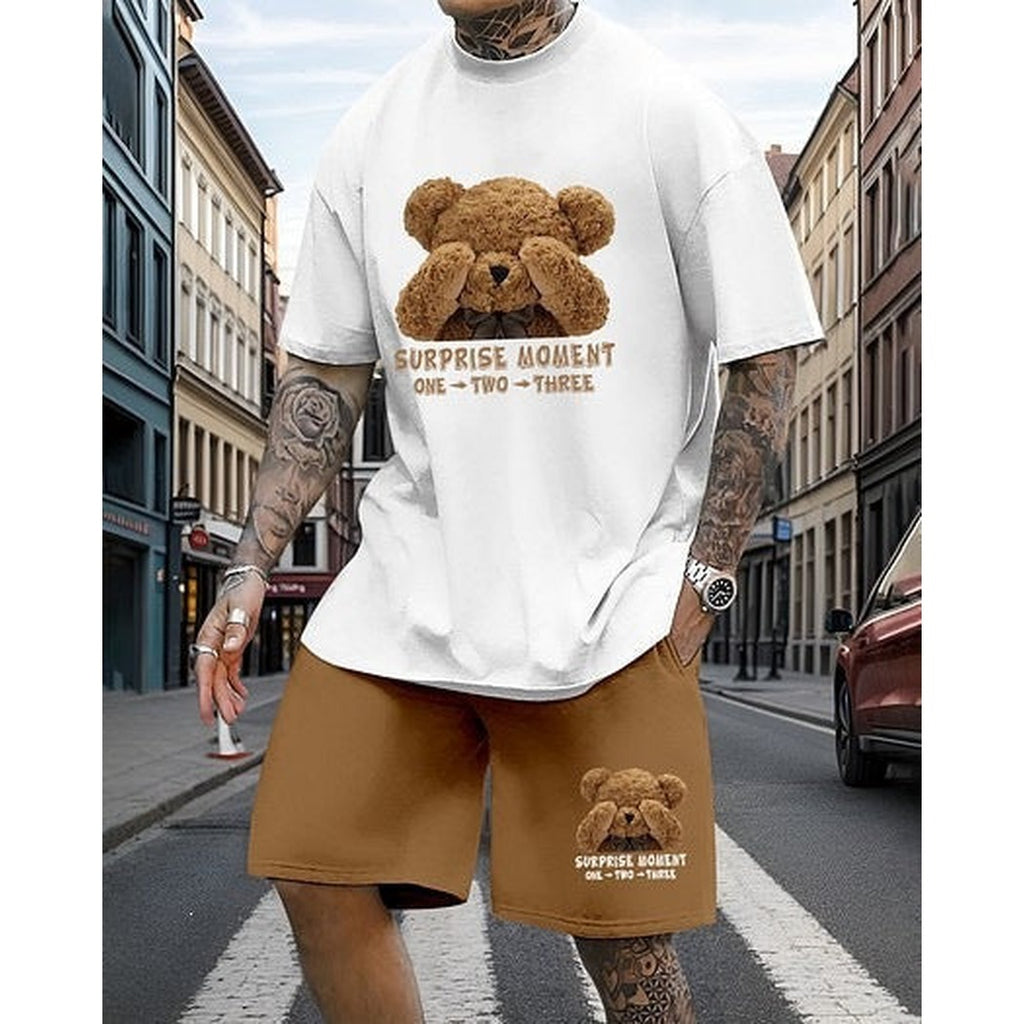 Men's Printed Oversized T-Shirt and Relaxed Shorts Set - White/Brown