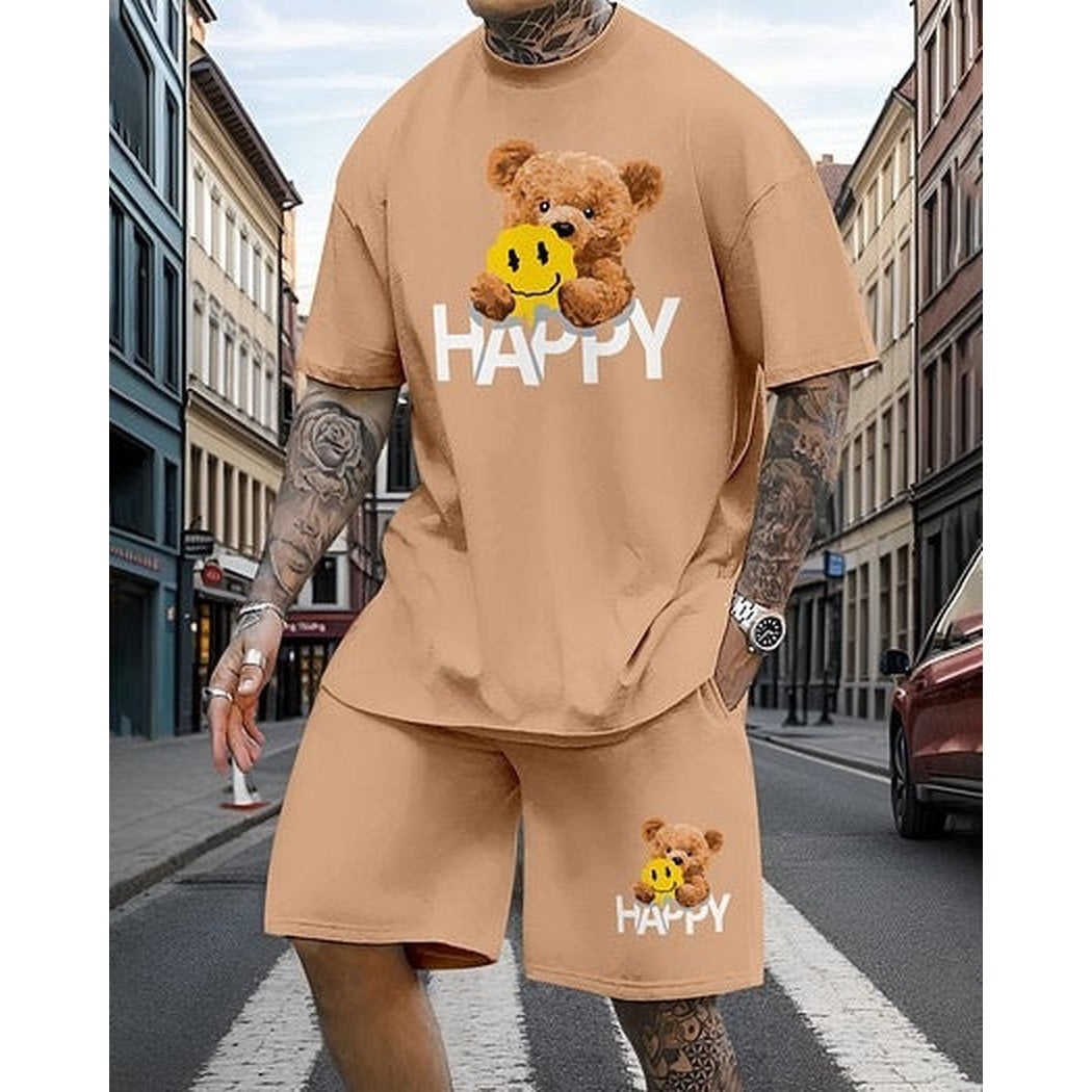 Men's Printed Oversized T-Shirt and Relaxed Shorts Set - Khaki