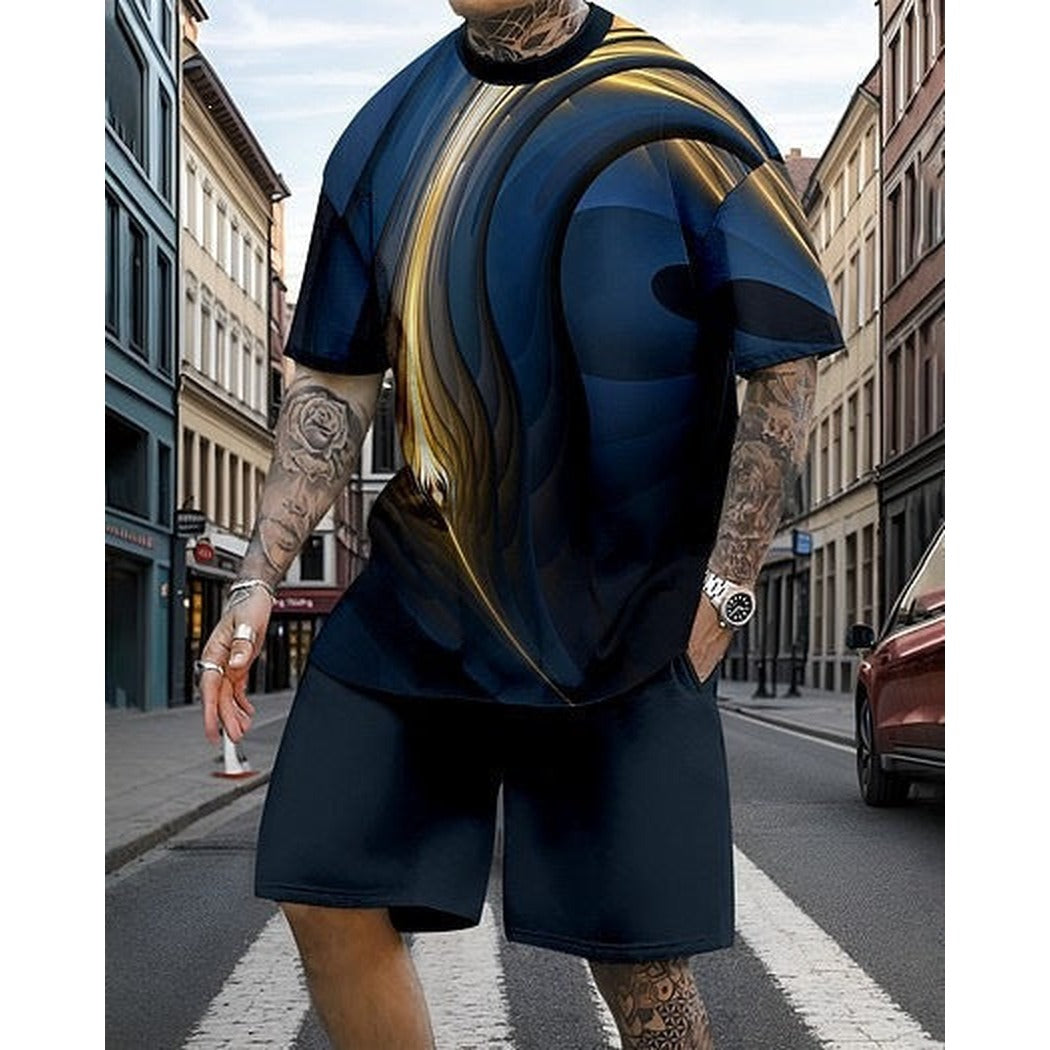 Men's Printed Oversized T-Shirt and Relaxed Shorts Set - Navy Blue