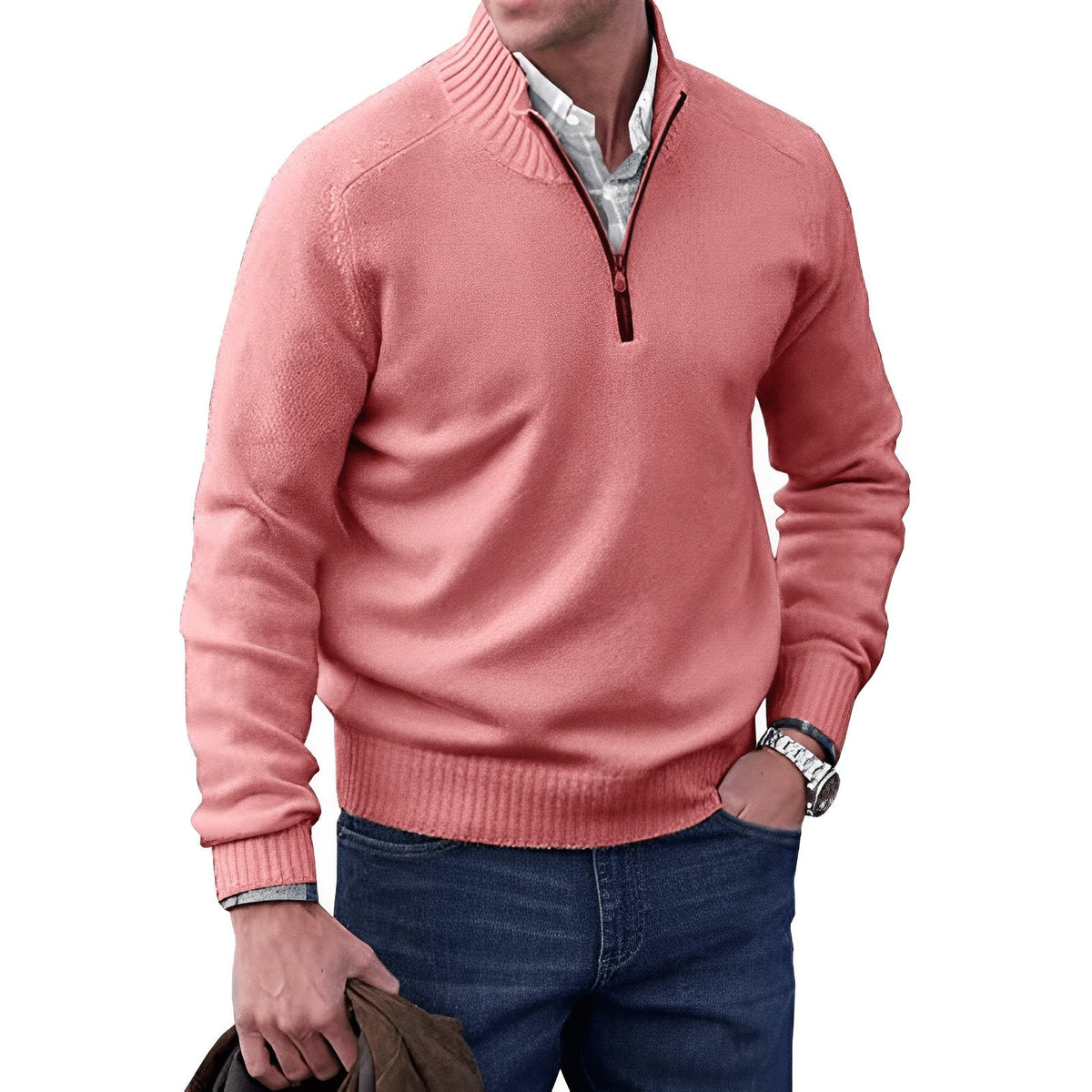 Men's Regular-Fit Quarter-Zip Raglan Knit Sweater - Pink