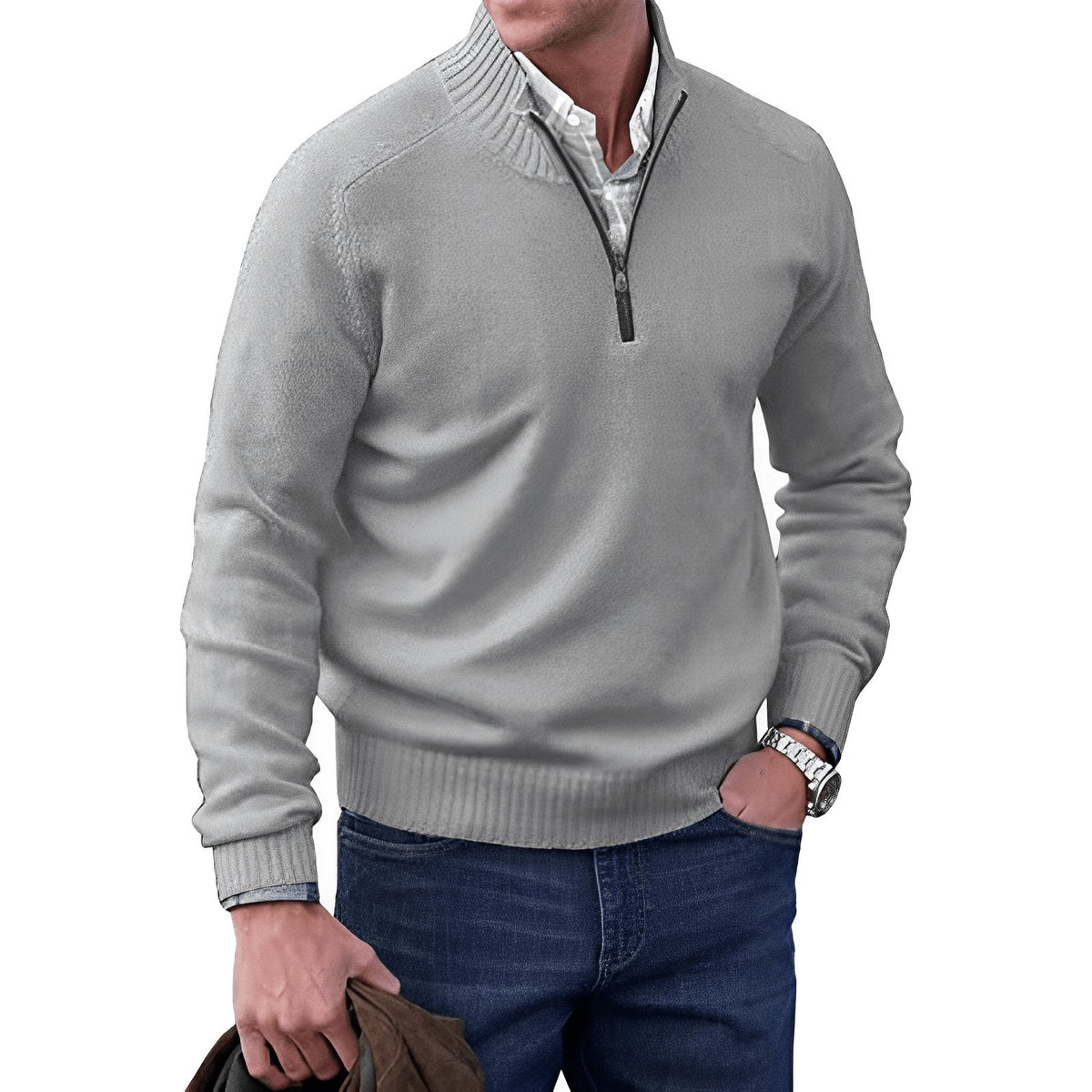 Men's Regular-Fit Quarter-Zip Raglan Knit Sweater - Light Gray
