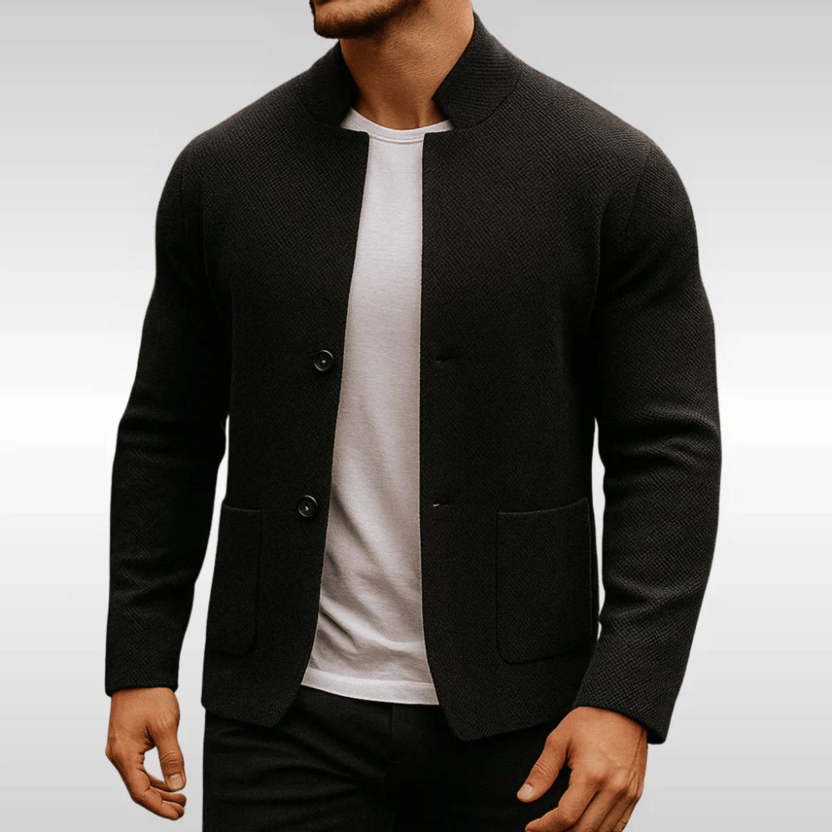 Men's Quilted Mandarin-Collar Blazer Jacket - Black