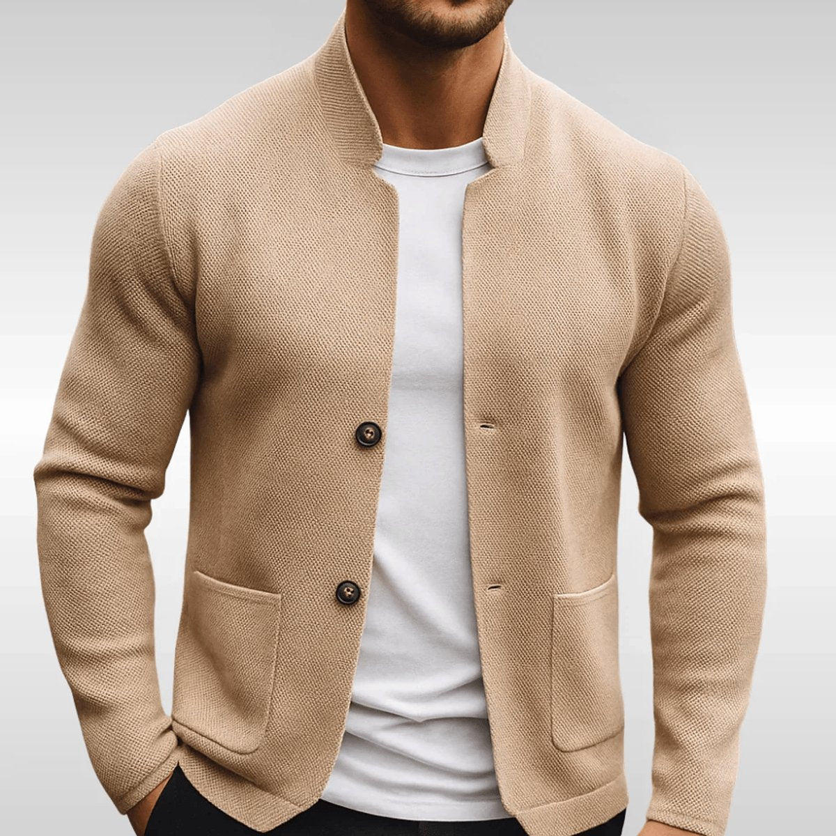 Men's Quilted Mandarin-Collar Blazer Jacket - Beige