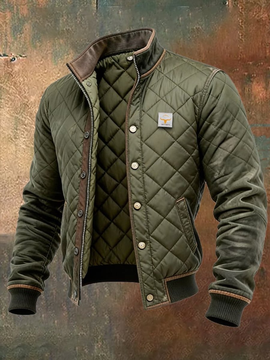 Men's Quilted Jacket Stand Collar Snap Button Bomber