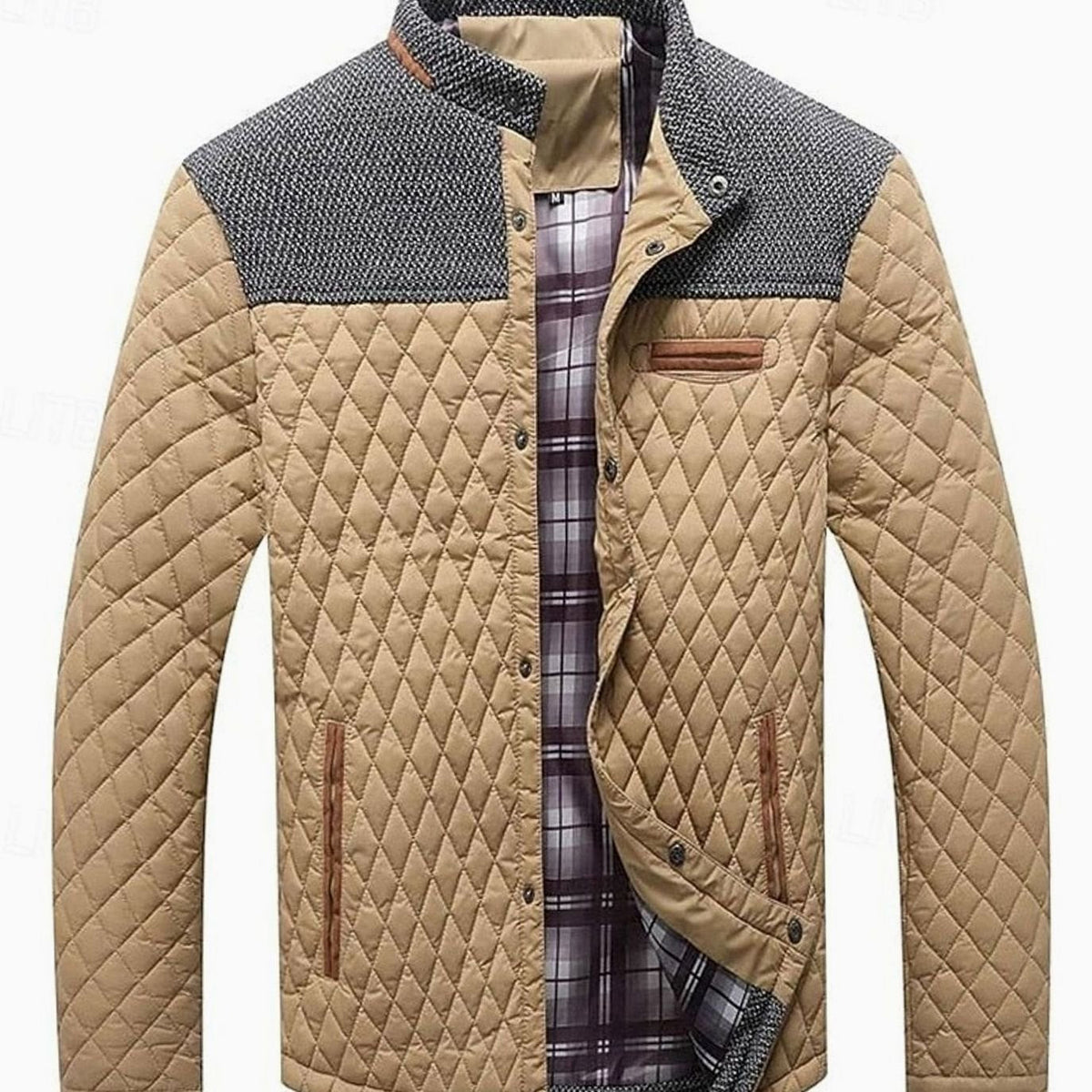 Men's Diamond-Quilted Stand-Collar Snap-Front Jacket - Khaki