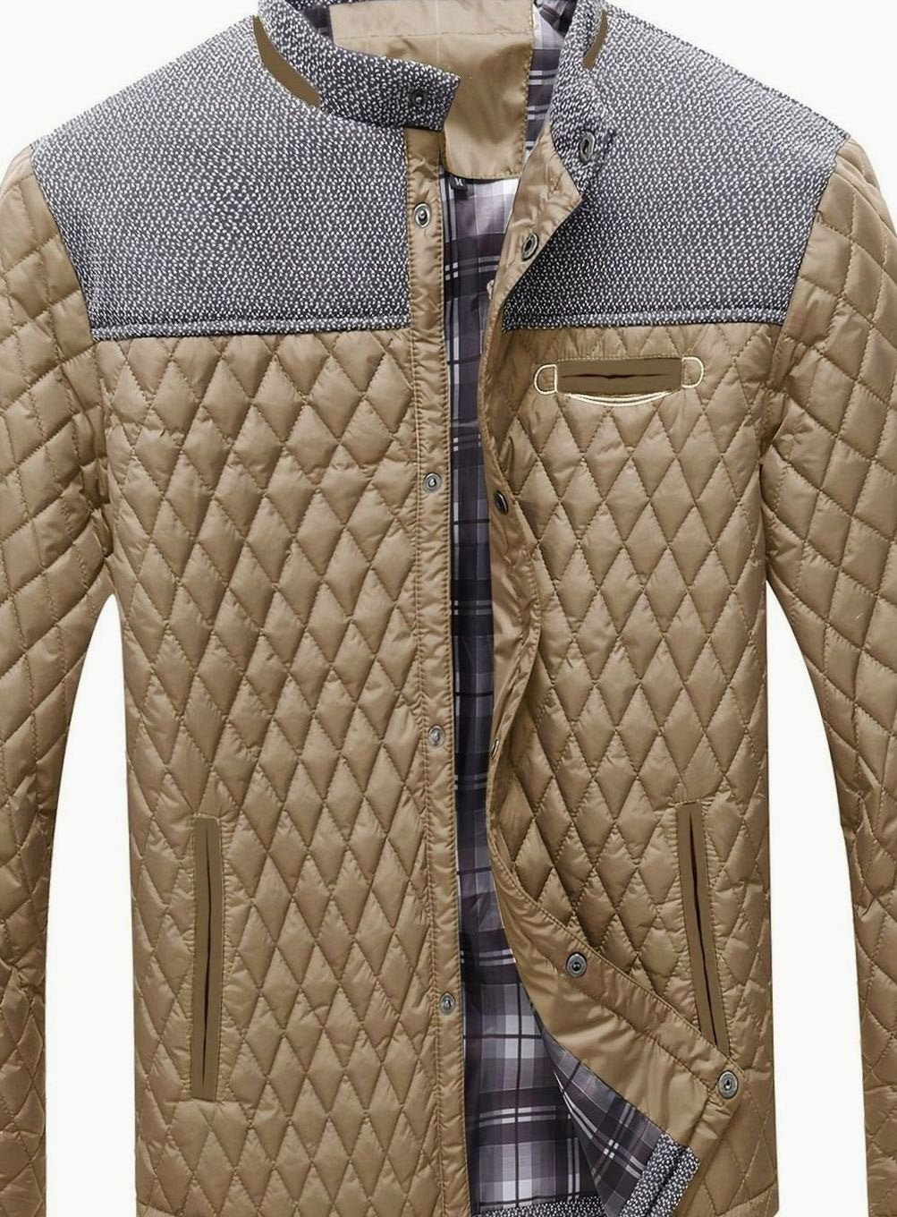 Men's Diamond-Quilted Stand-Collar Jacket with Knit Shoulders