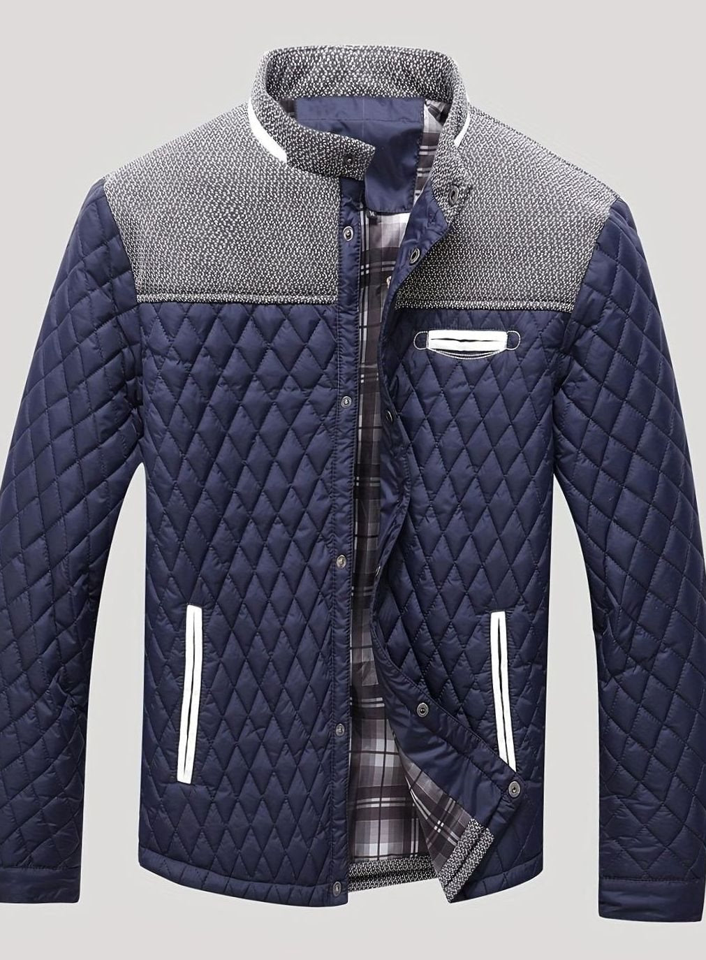 Men's Diamond-Quilted Stand-Collar Jacket with Knit Shoulders