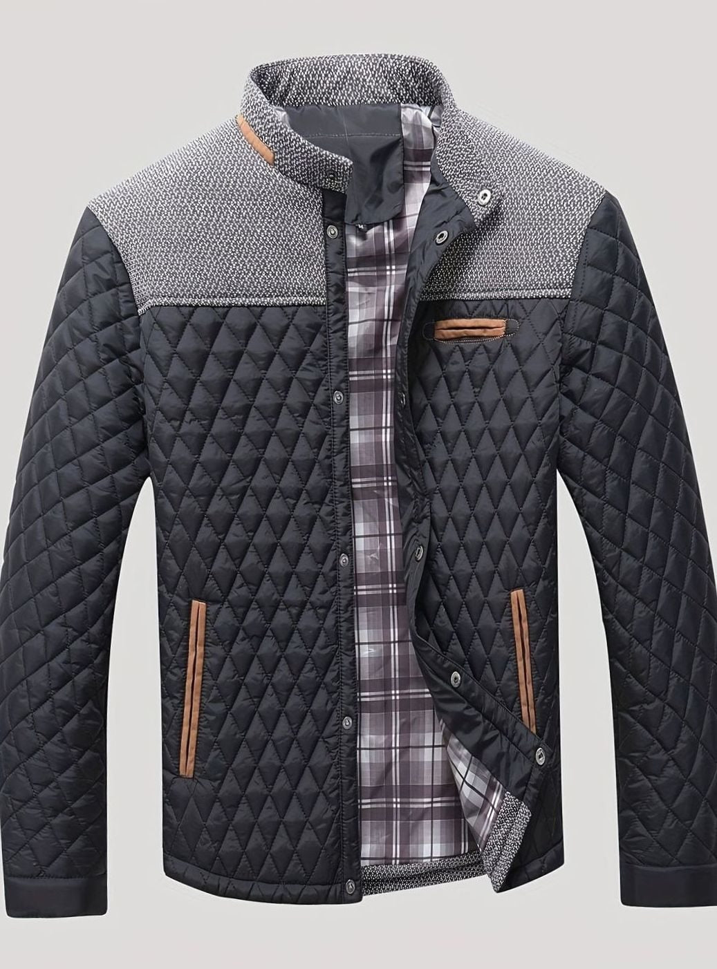 Men's Diamond-Quilted Stand-Collar Jacket with Knit Shoulders