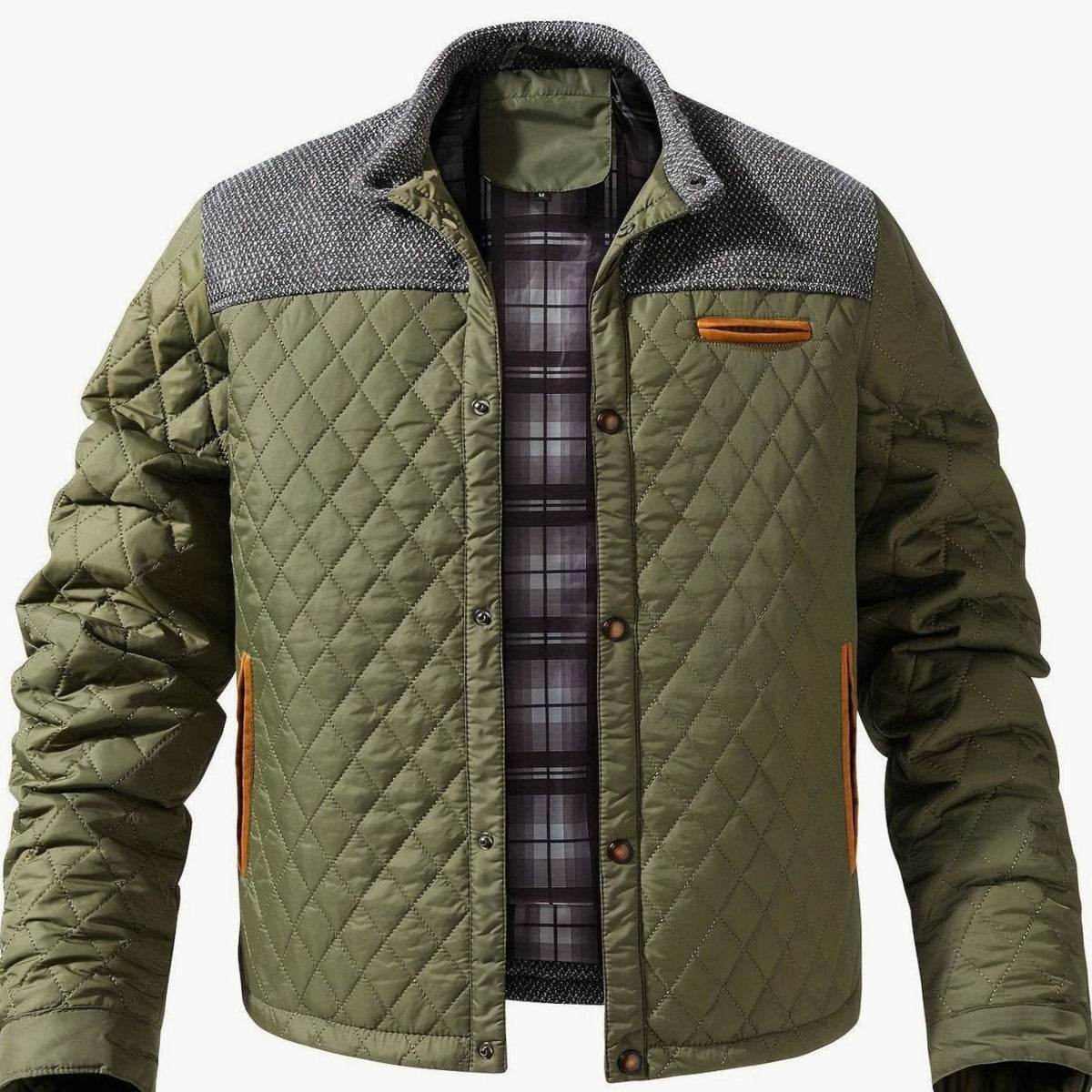 Men's Snap-Front Quilted Jacket with Plaid Flannel Lining - Fern Green