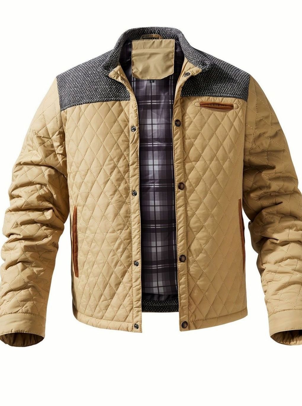 Men's Snap-Front Quilted Jacket with Plaid Flannel Lining