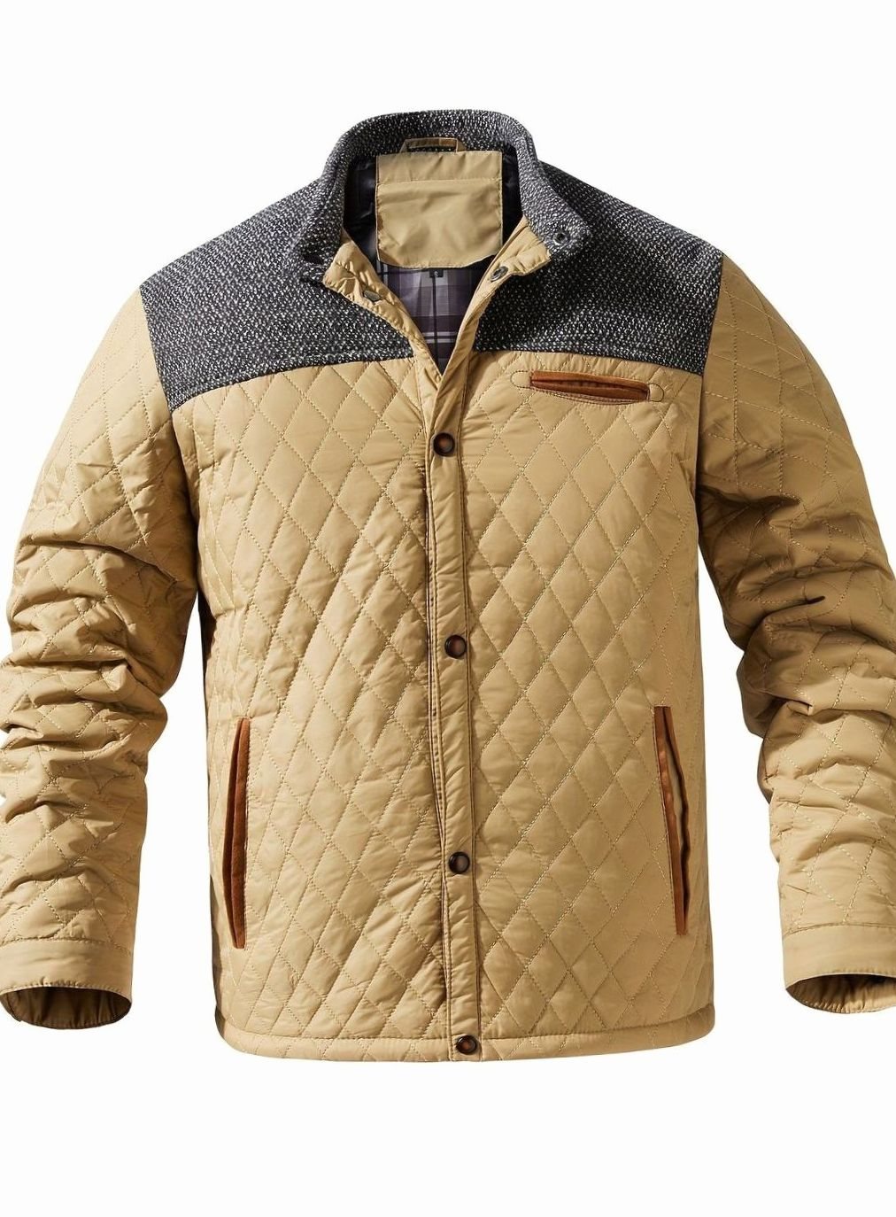Men's Snap-Front Quilted Jacket with Plaid Flannel Lining