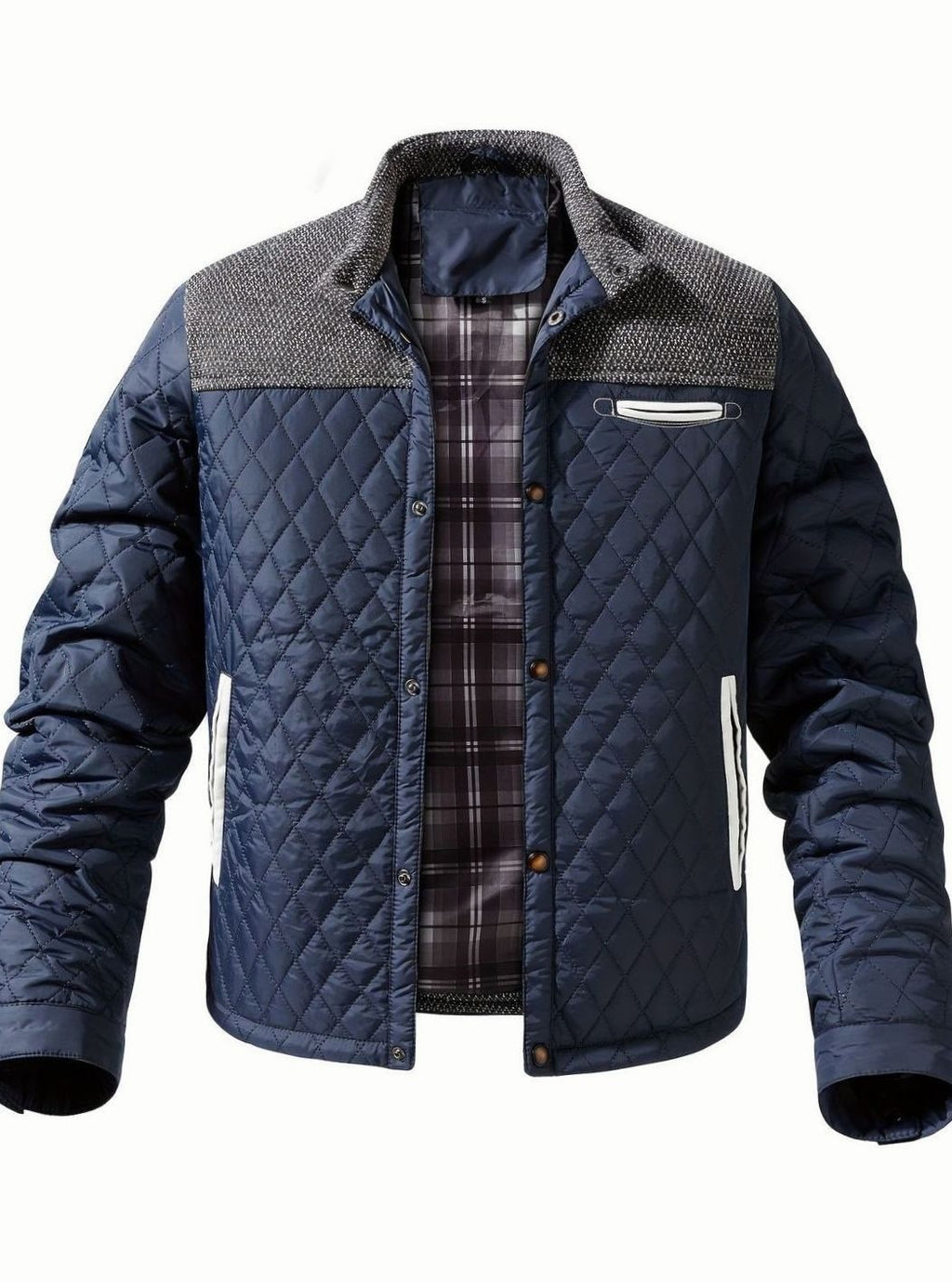 Men's Snap-Front Quilted Jacket with Plaid Flannel Lining