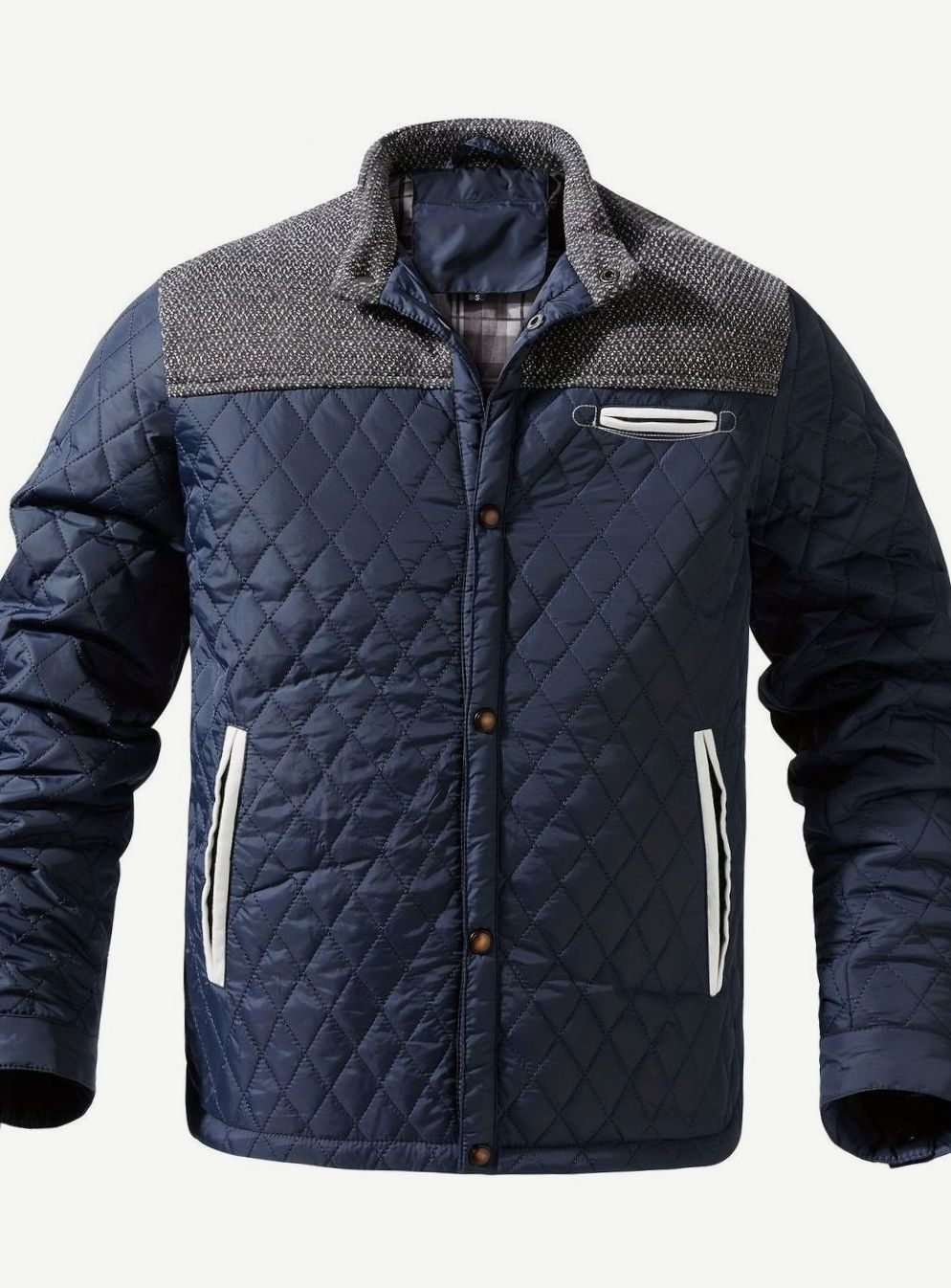 Men's Snap-Front Quilted Jacket with Plaid Flannel Lining