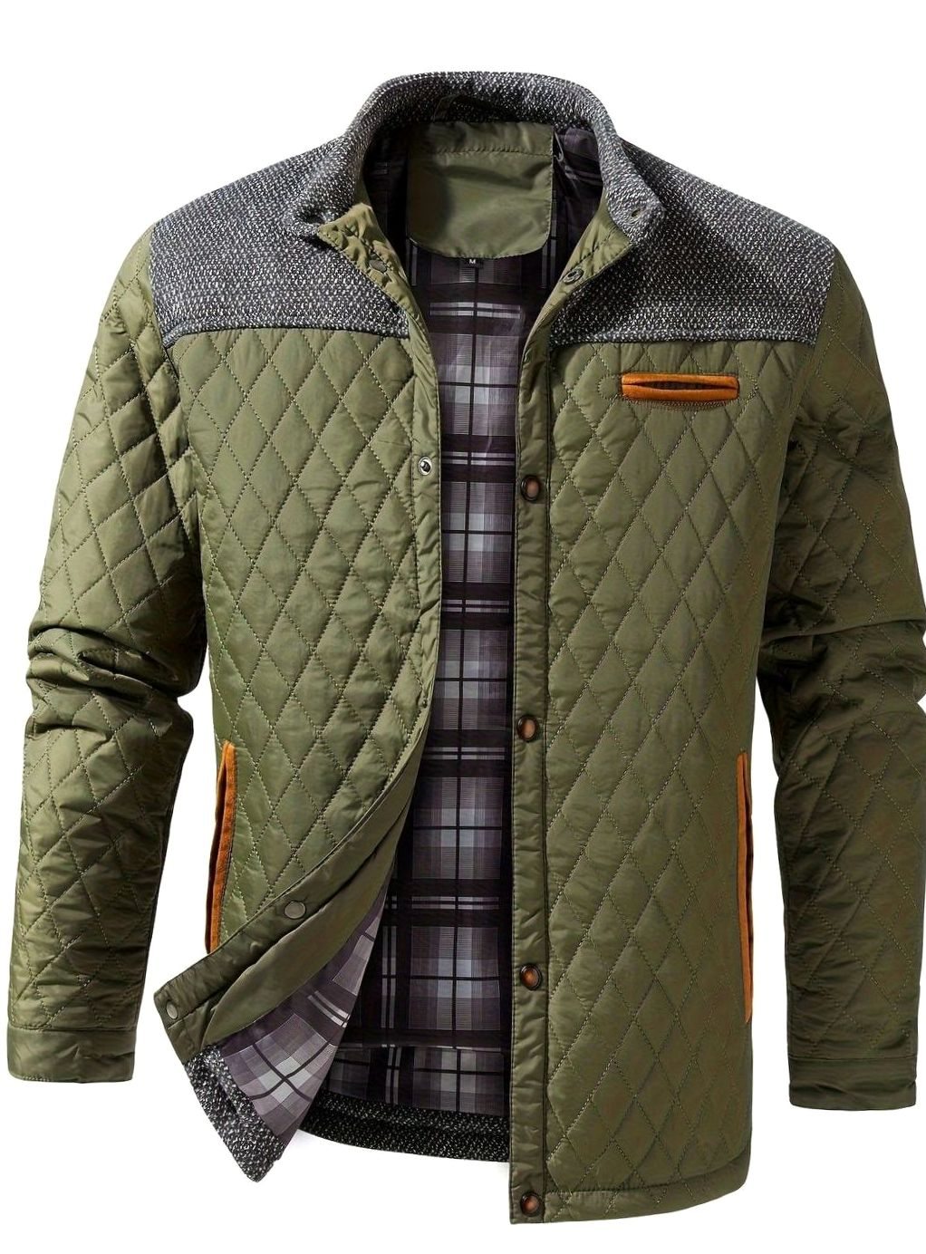 Men's Snap-Front Quilted Jacket with Plaid Flannel Lining
