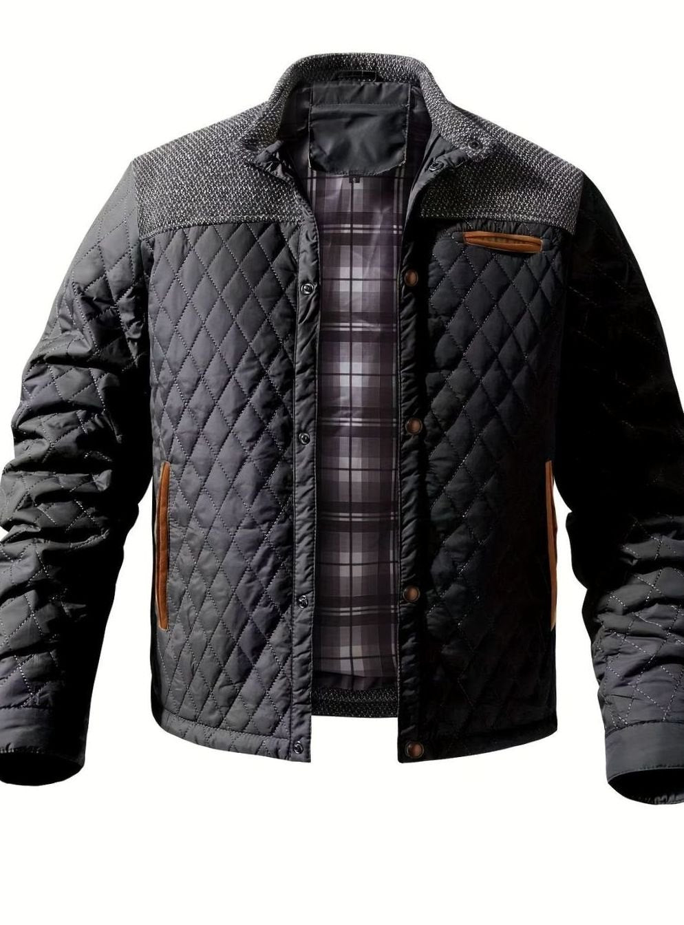 Men's Snap-Front Quilted Jacket with Plaid Flannel Lining