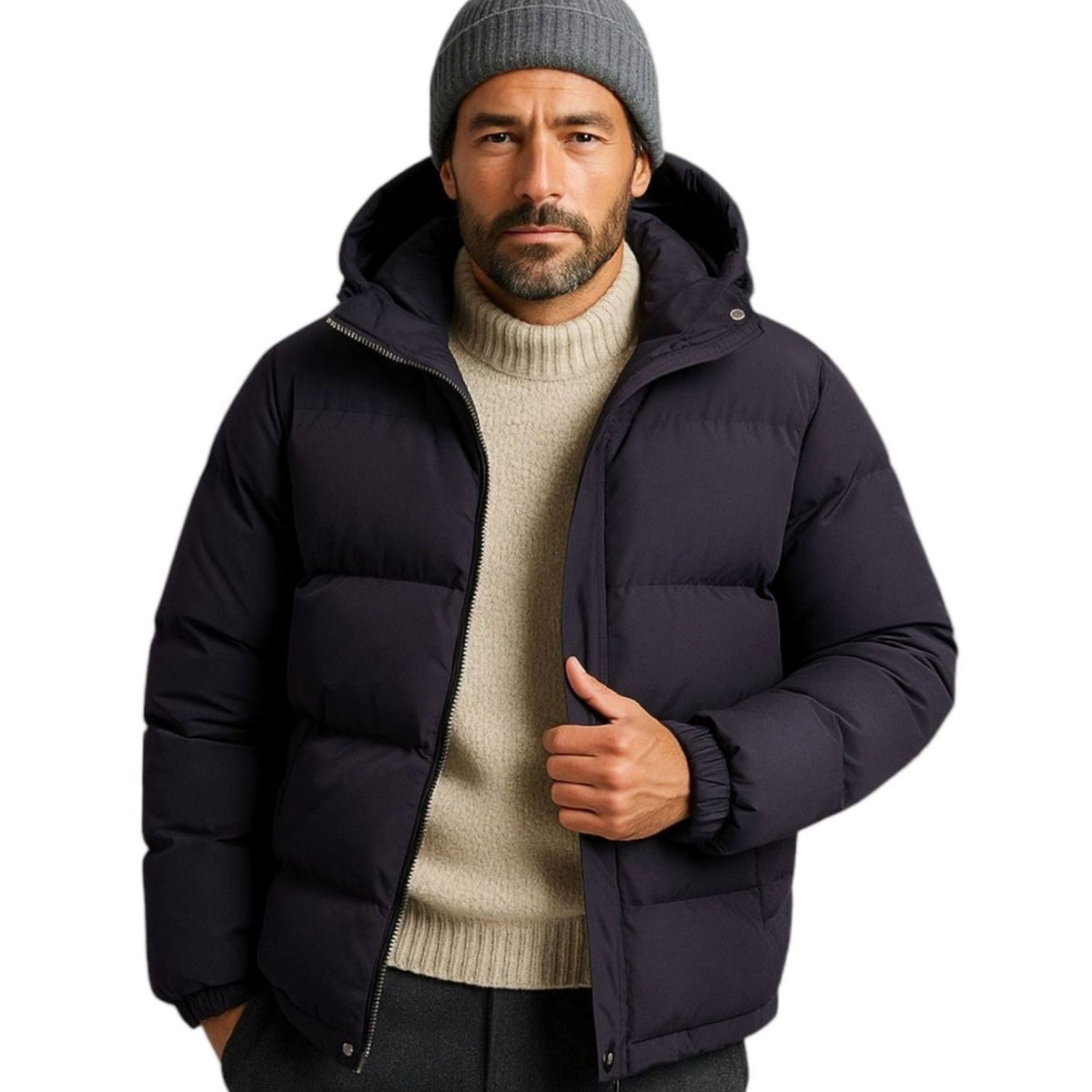 Men's Quilted Zip-Up Hooded Puffer Jacket - Gray Green