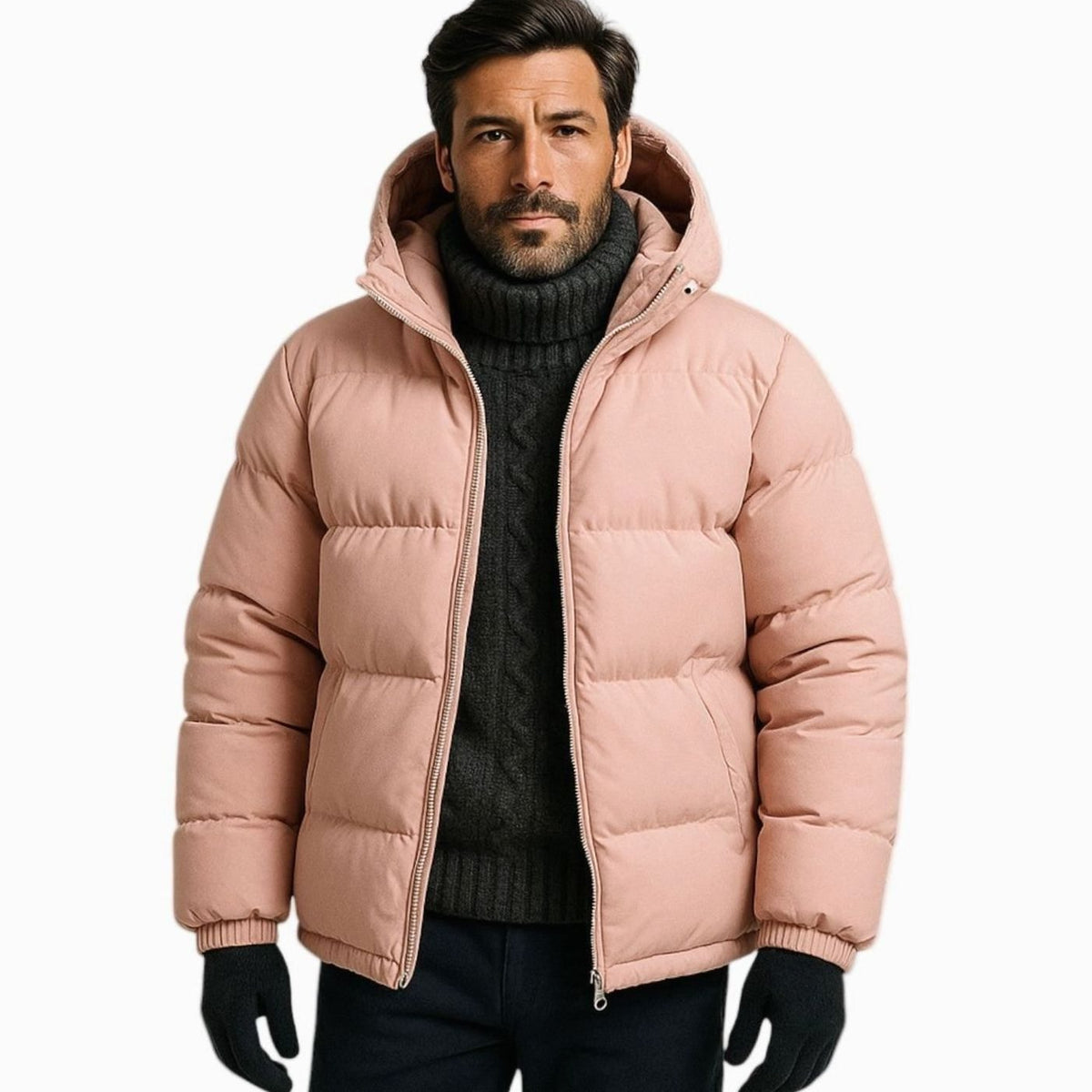 Men's Quilted Zip-Up Hooded Puffer Jacket - Light Blue