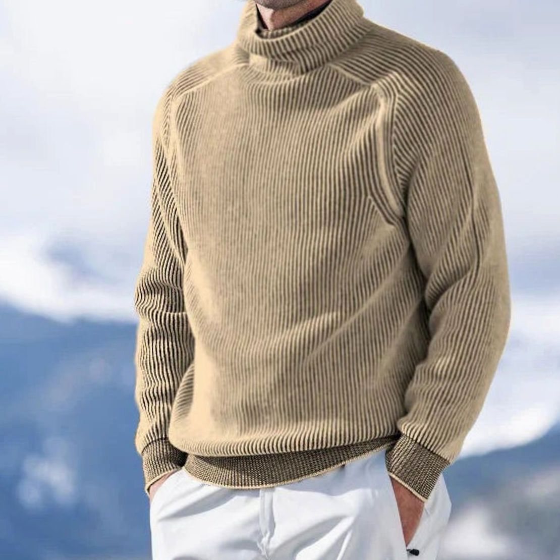Men's Relaxed Fit Ribbed Turtleneck Sweater - Khaki