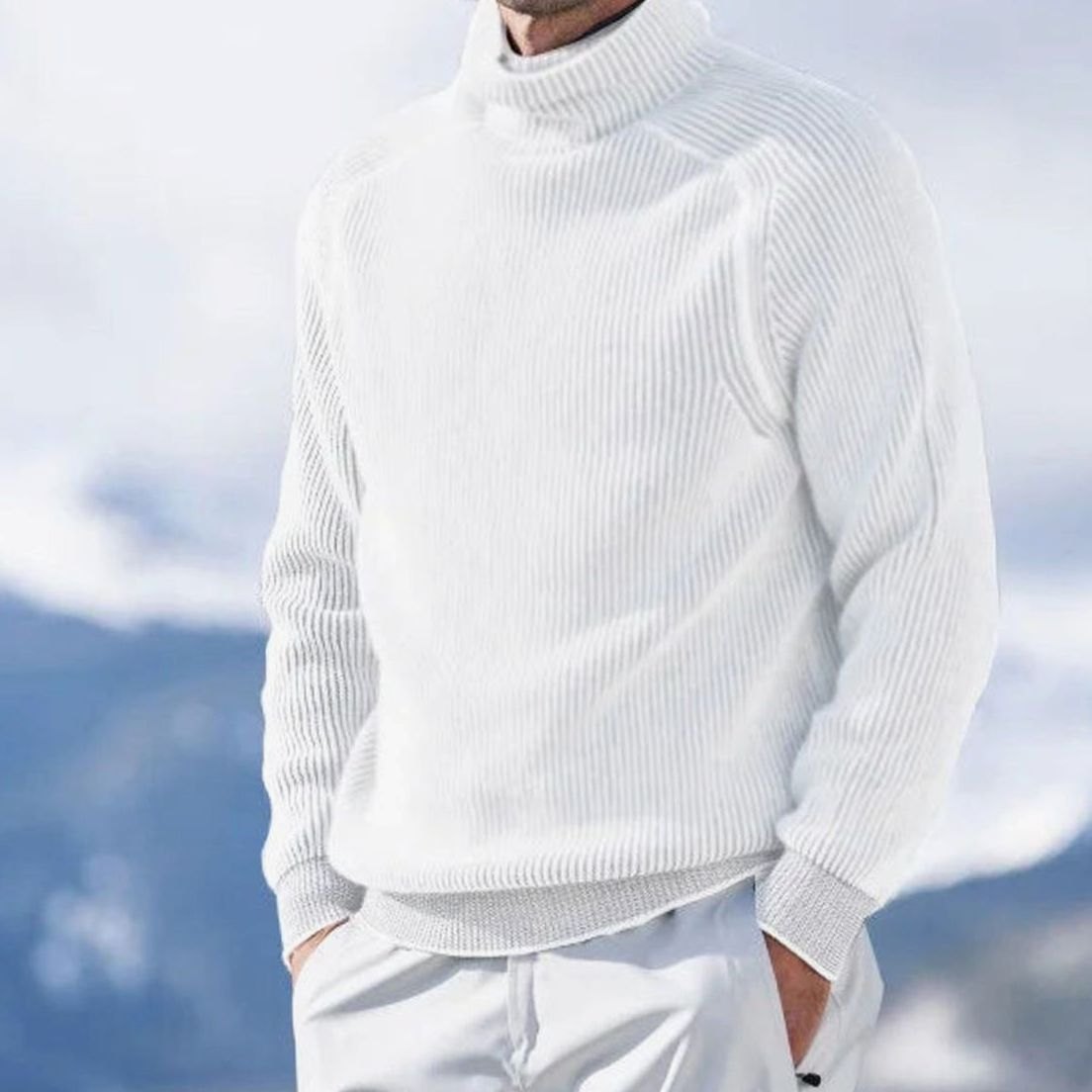 Men's Relaxed Fit Ribbed Turtleneck Sweater - White