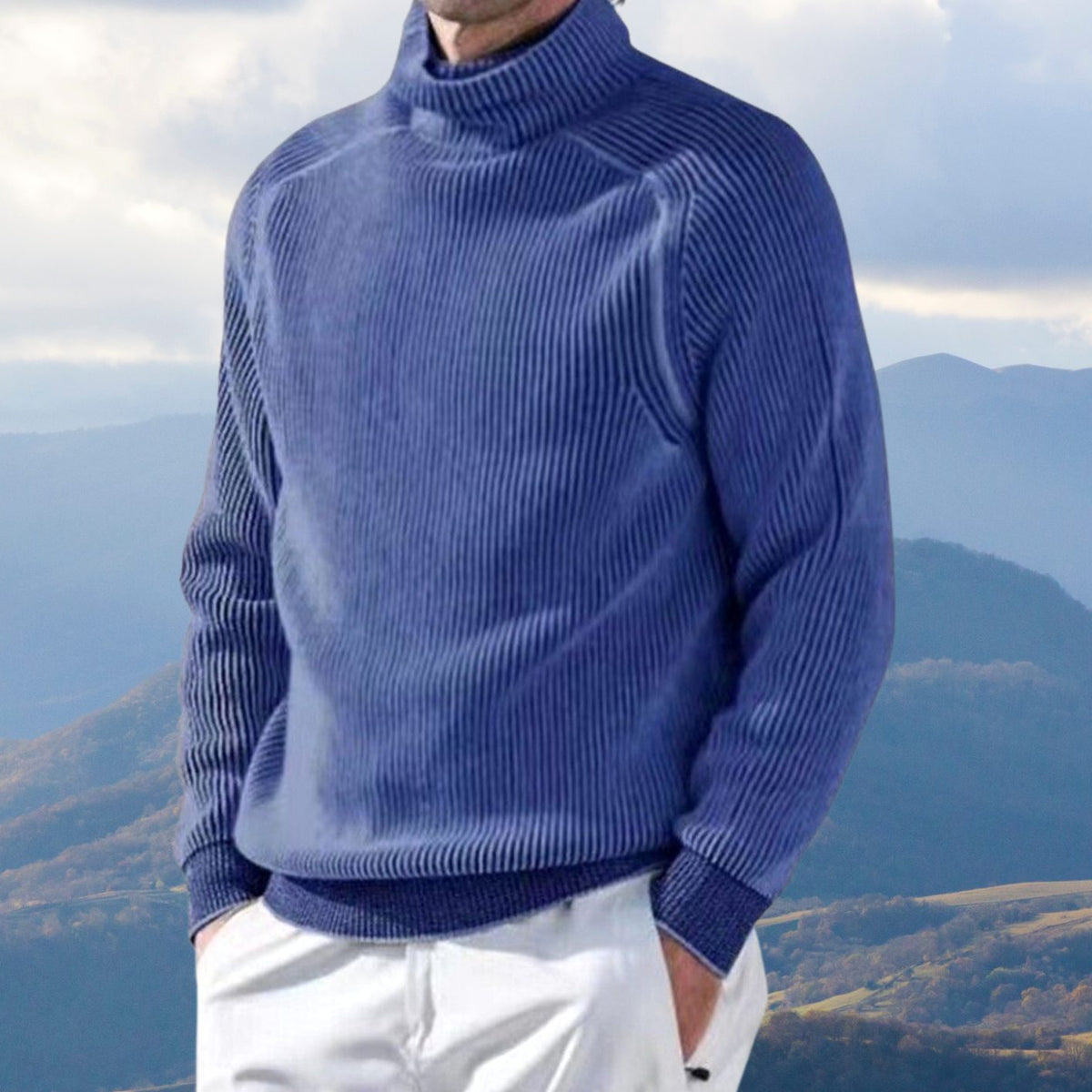 Men's Relaxed Fit Ribbed Turtleneck Sweater - Blue