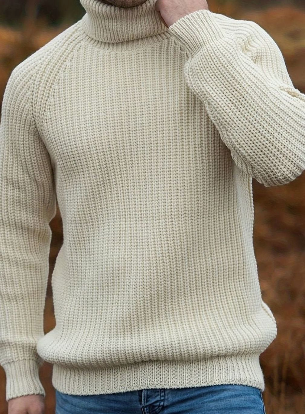 Men's Beige Ribbed Knit Turtleneck Sweater - Beige