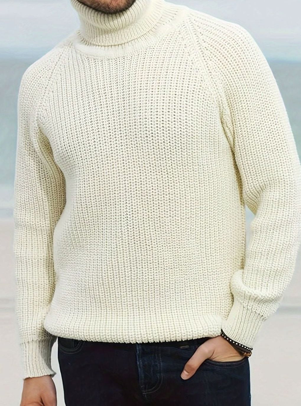Men's Beige Ribbed Knit Turtleneck Sweater