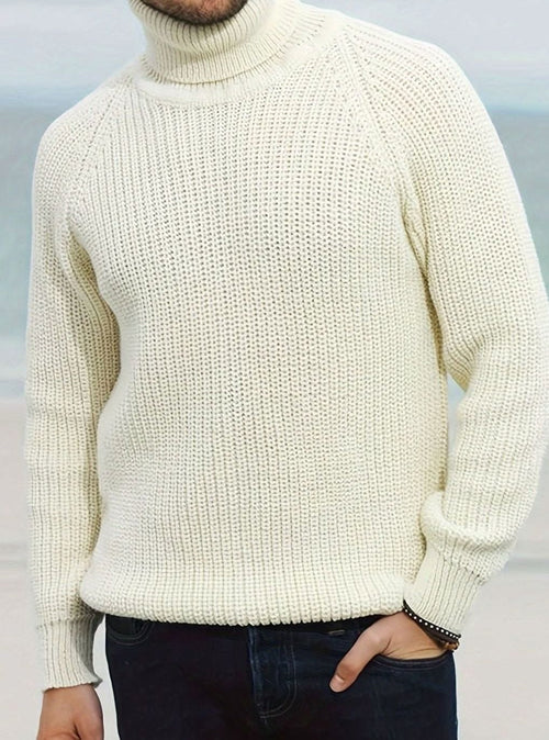 Men's Beige Ribbed Knit Turtleneck Sweater