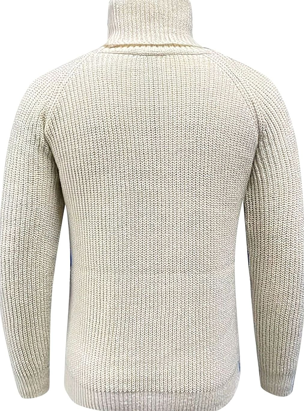 Men's Beige Ribbed Knit Turtleneck Sweater