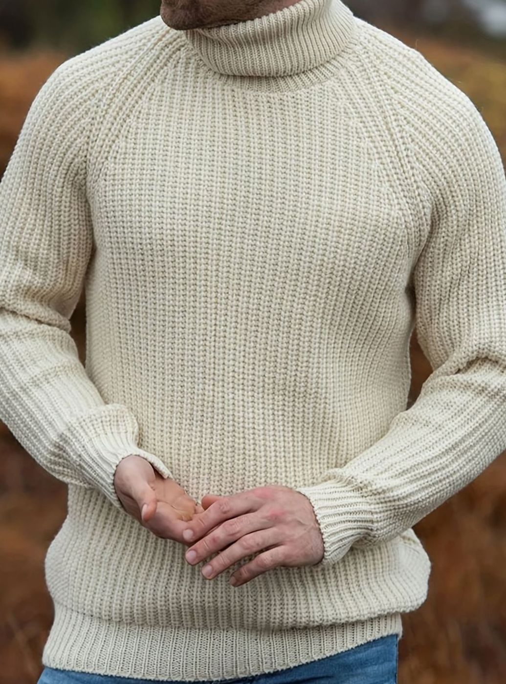 Men's Beige Ribbed Knit Turtleneck Sweater