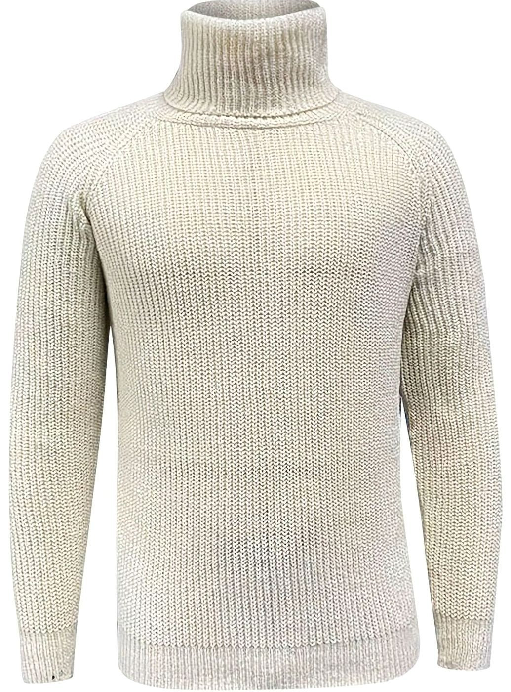 Men's Beige Ribbed Knit Turtleneck Sweater