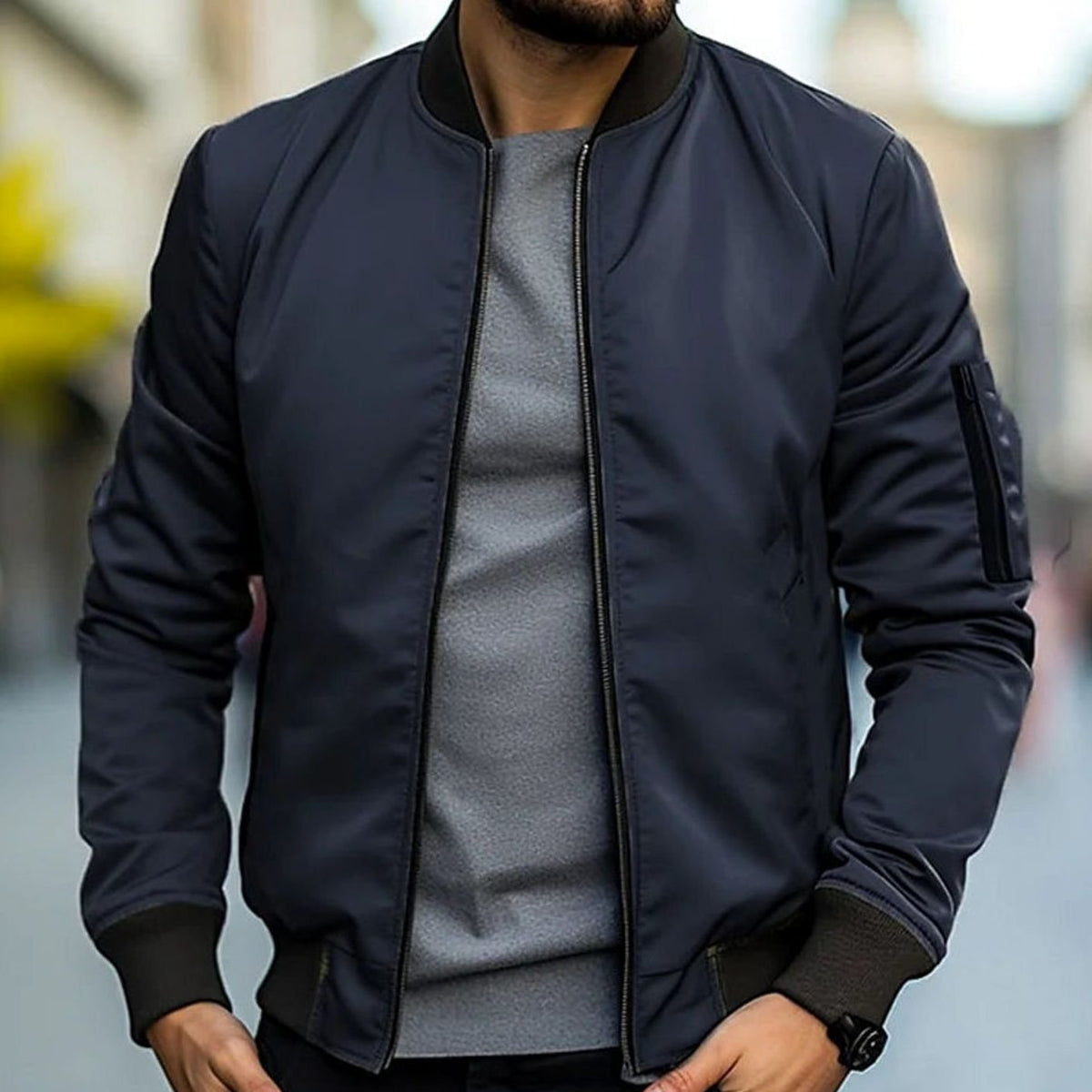 Men's Casual Ribbed-Trim Bomber Jacket - Black