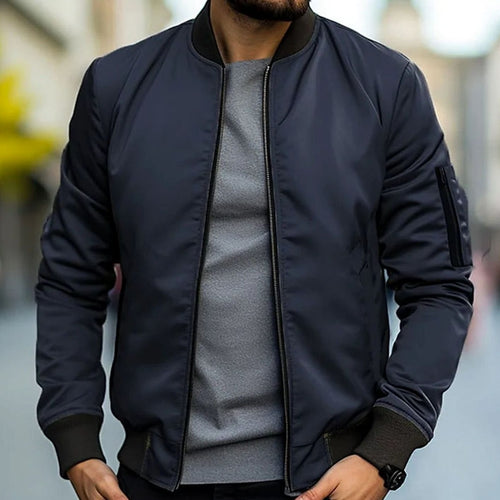 Men's Casual Ribbed-Trim Bomber Jacket - Black