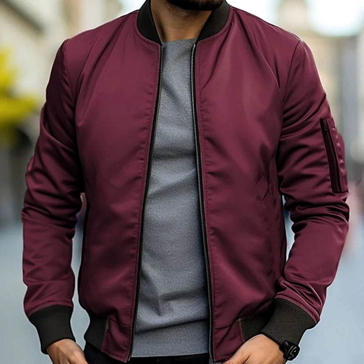 Men's Casual Ribbed-Trim Bomber Jacket - Red