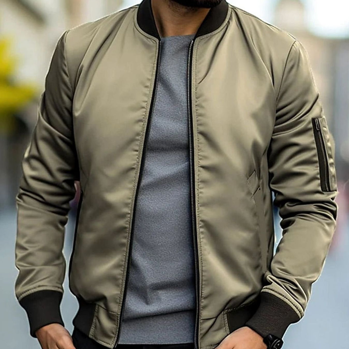 Men's Casual Ribbed-Trim Bomber Jacket - Khaki
