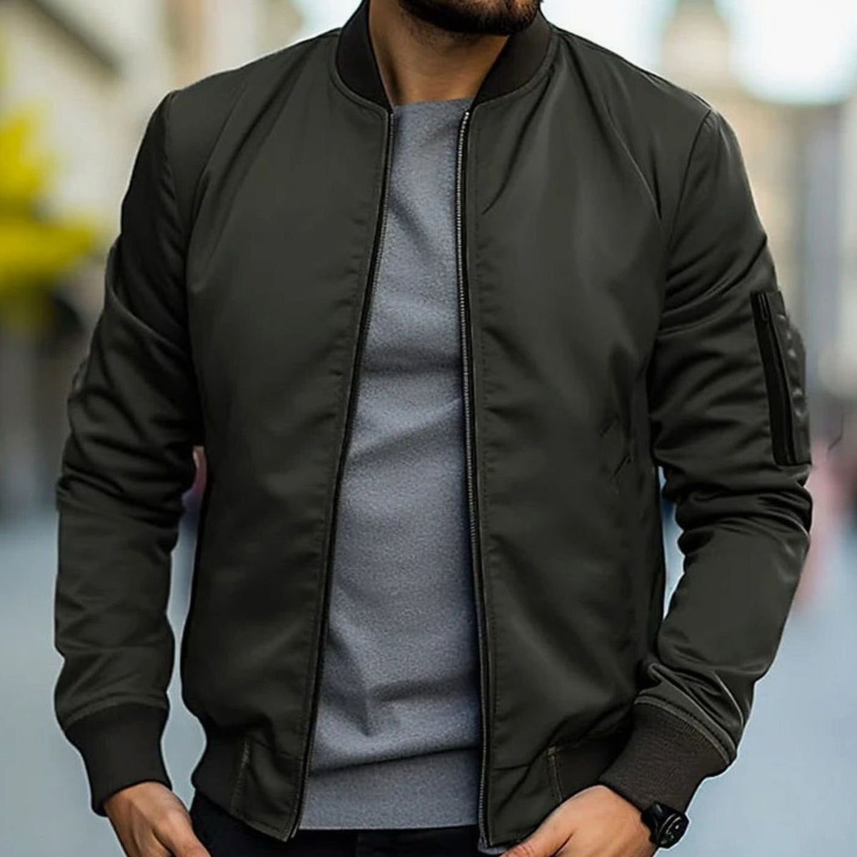 Men's Casual Ribbed-Trim Bomber Jacket - Olive Green