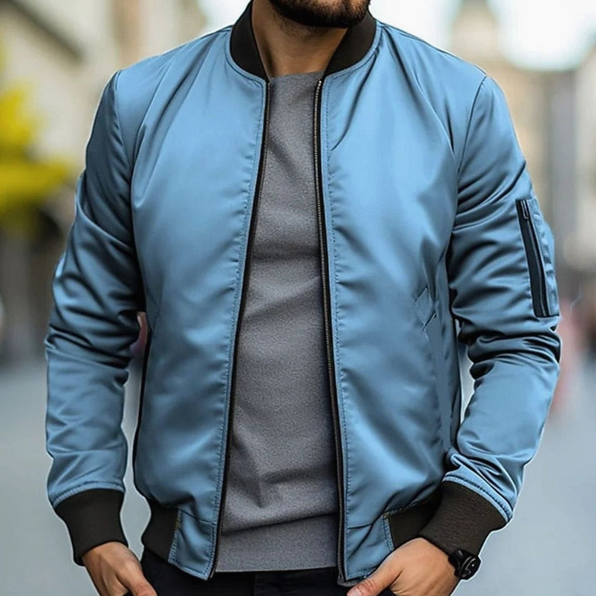 Men's Casual Ribbed-Trim Bomber Jacket - Blue