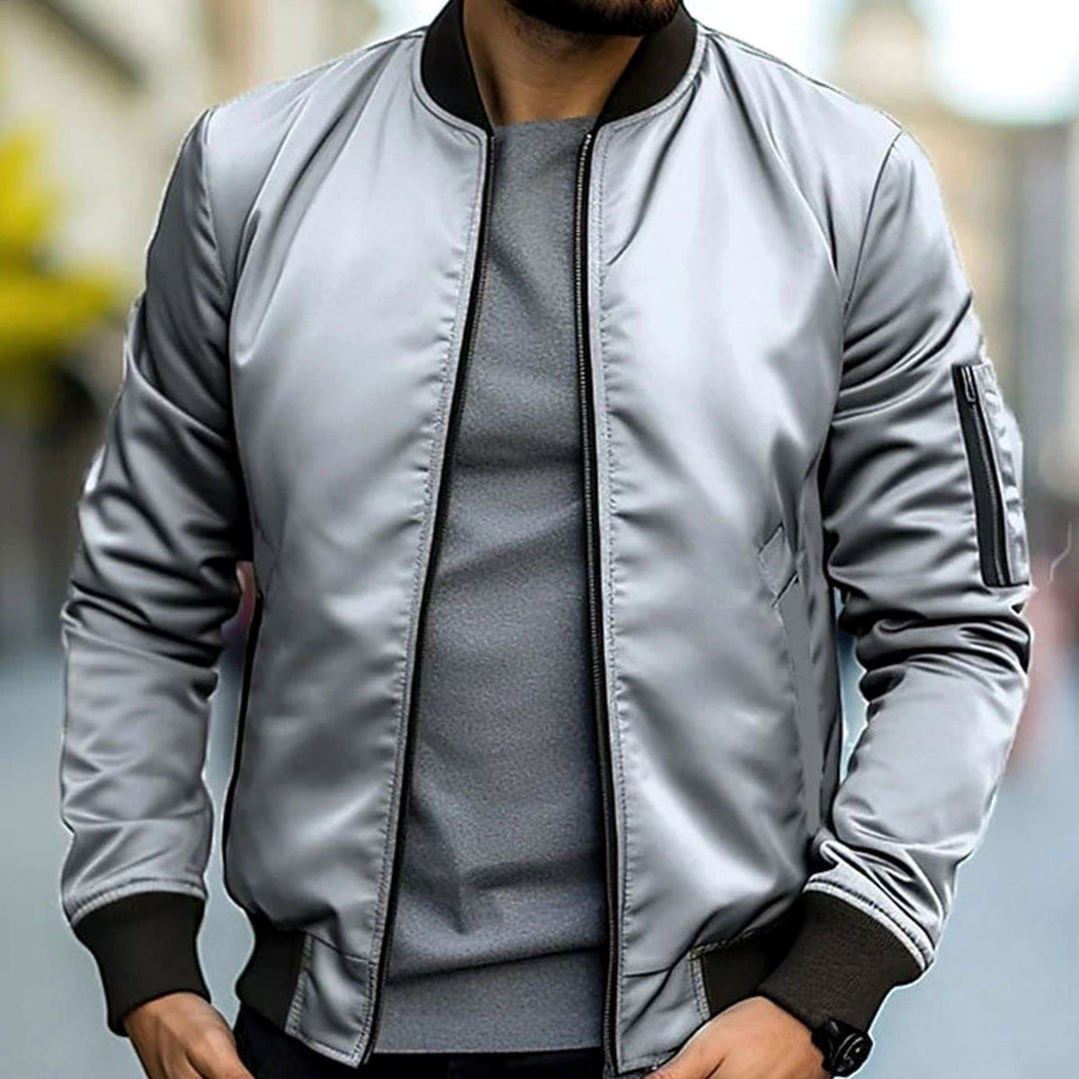 Men's Casual Ribbed-Trim Bomber Jacket - Light Gray