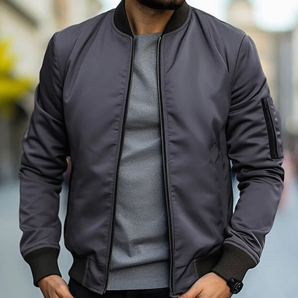 Men's Casual Ribbed-Trim Bomber Jacket - Dark Gray