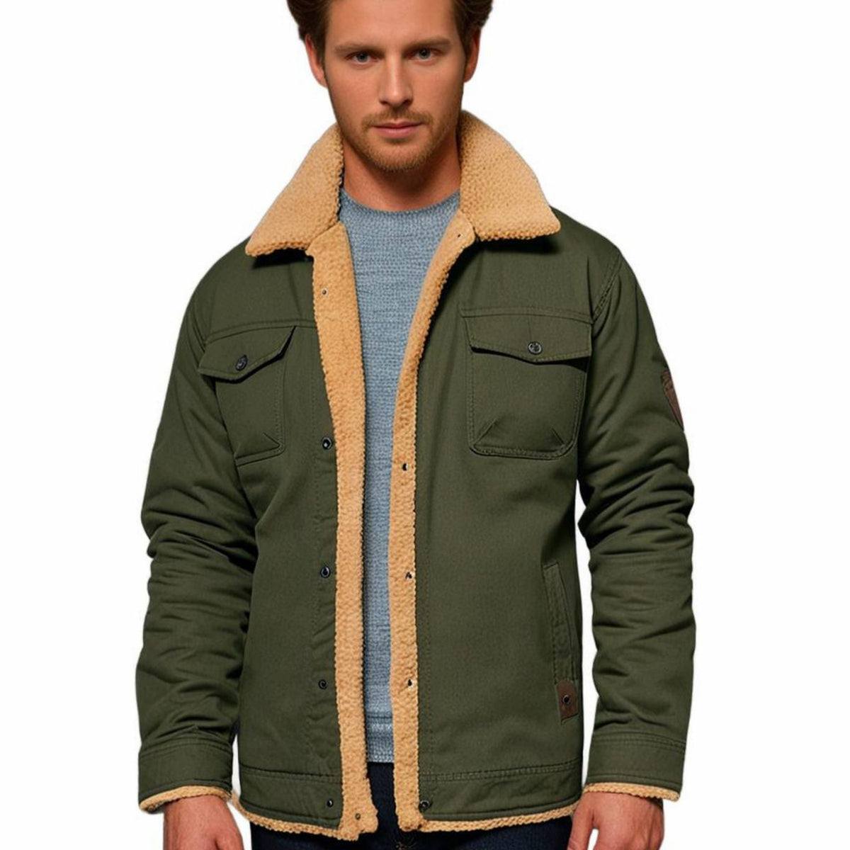 Men's Sherpa-Lined Fleece Snap-Front Winter Jacket