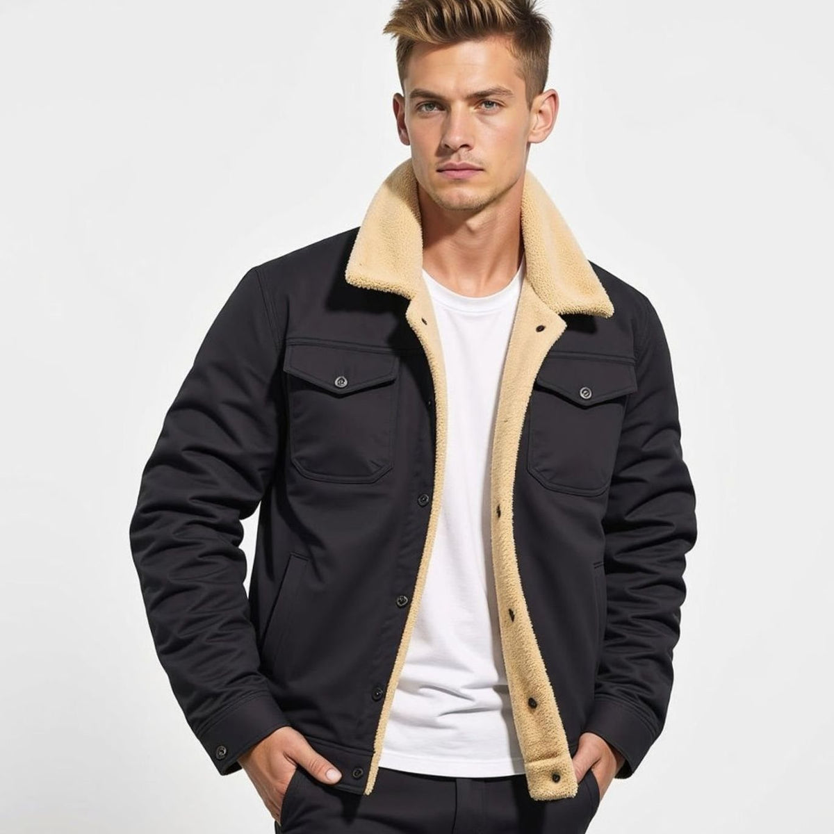 Men's Sherpa-Lined Fleece Snap-Front Winter Jacket - Khaki