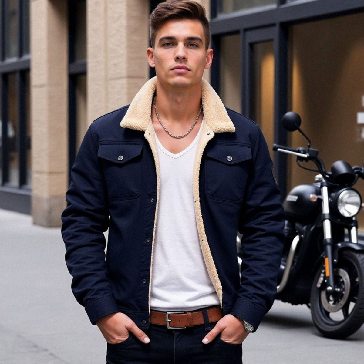 Men's Sherpa-Lined Fleece Snap-Front Winter Jacket - Black