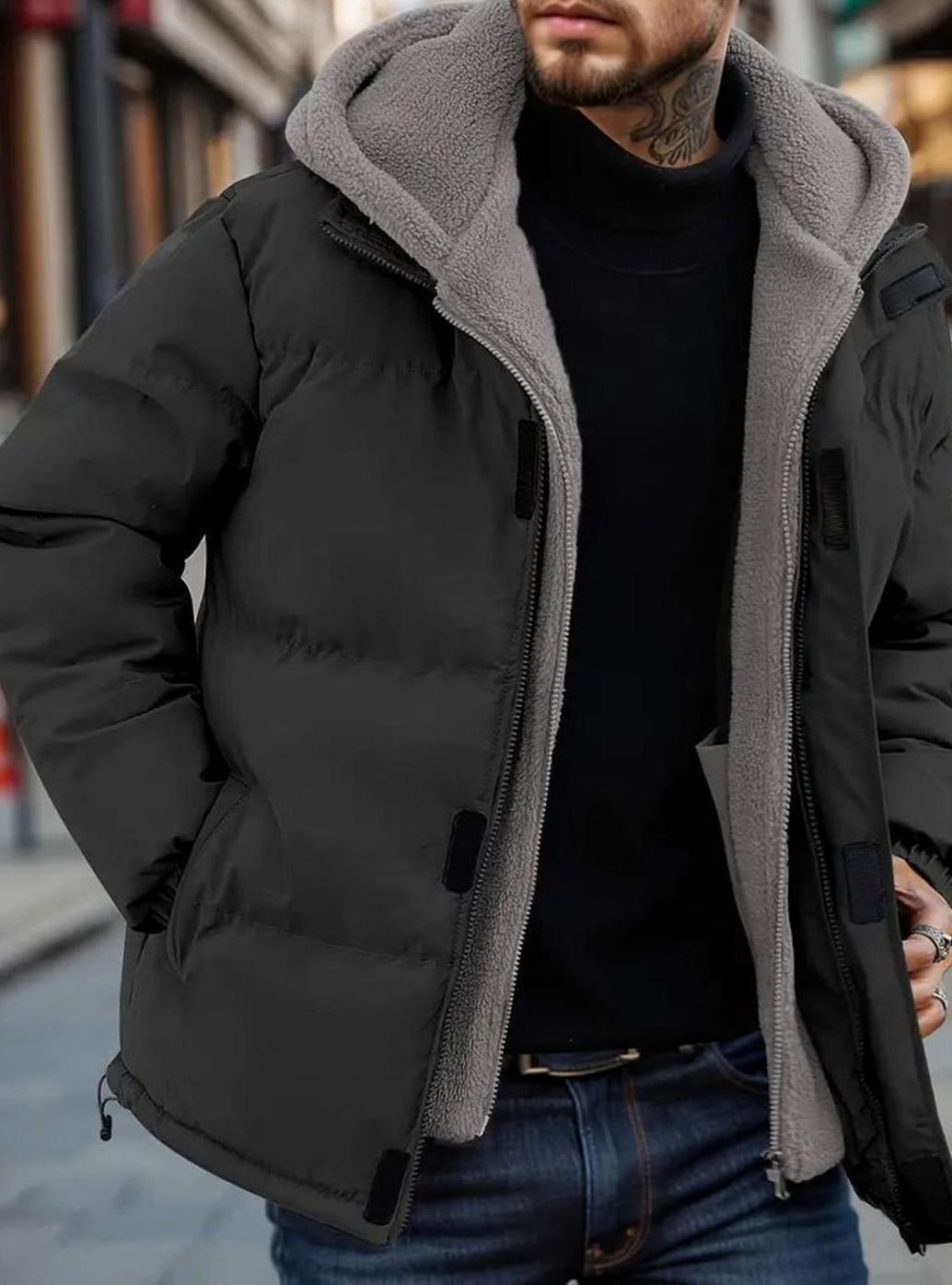Men's Sherpa-Lined Hooded Puffer Jacket - Black