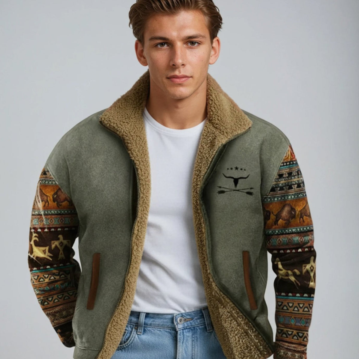 Men's Sherpa-Lined Print-Sleeve Zip-Up Winter Coat - Olive